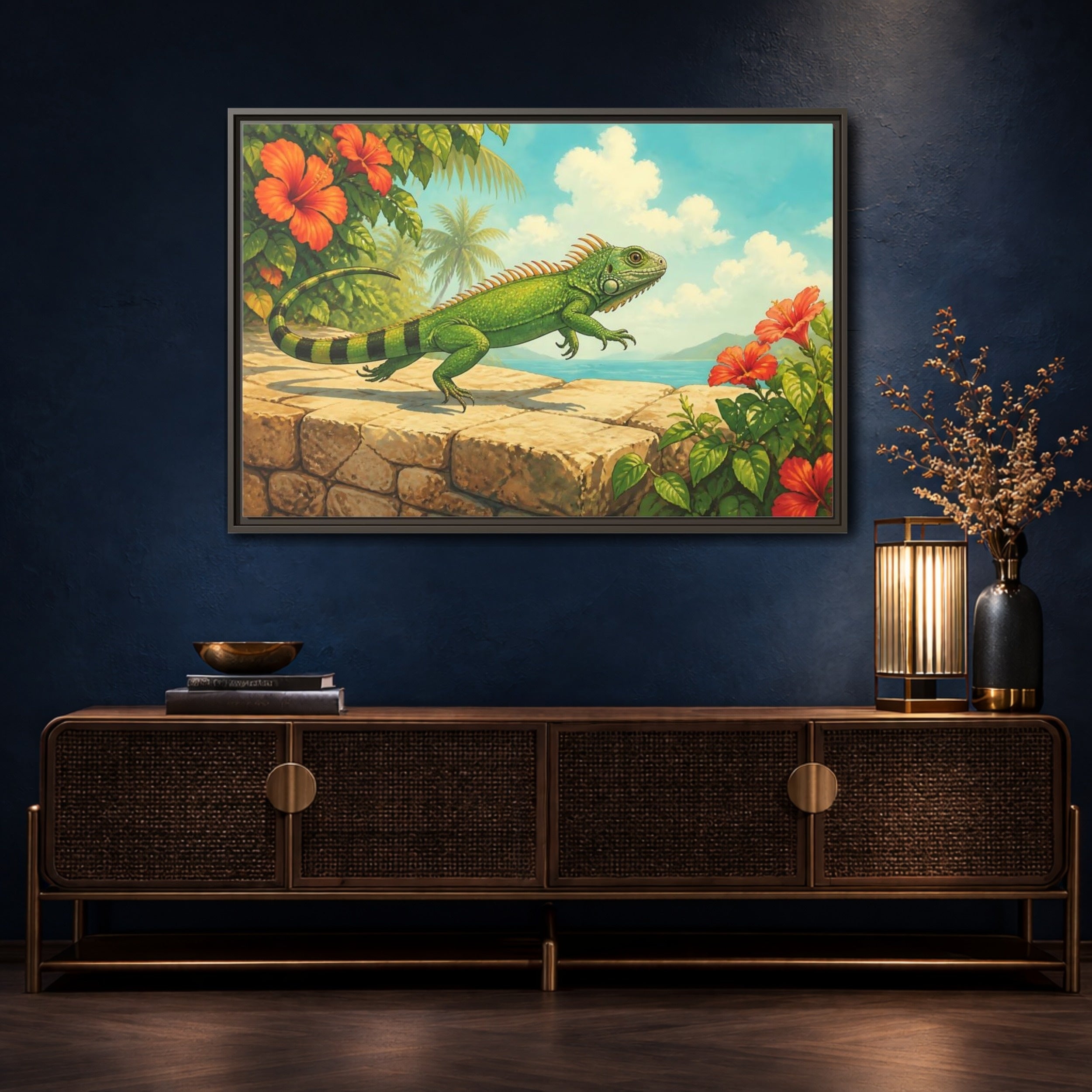 Mockup 4. Nature Green Iguana Green Tropical Iguana shown as stretched canvas wall art