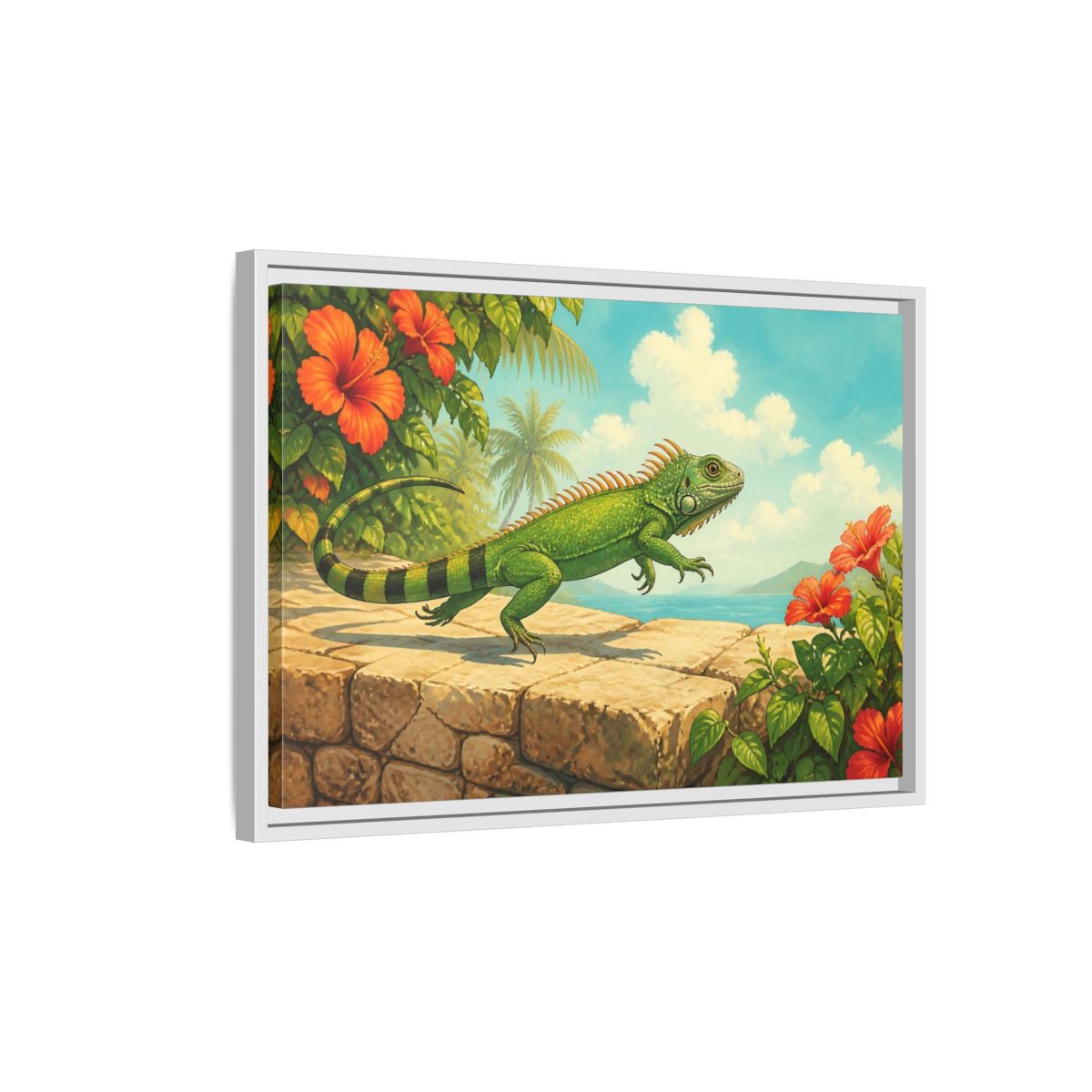 Side Mockup 1. Nature Green Iguana Green Tropical Iguana shown as stretched canvas wall art