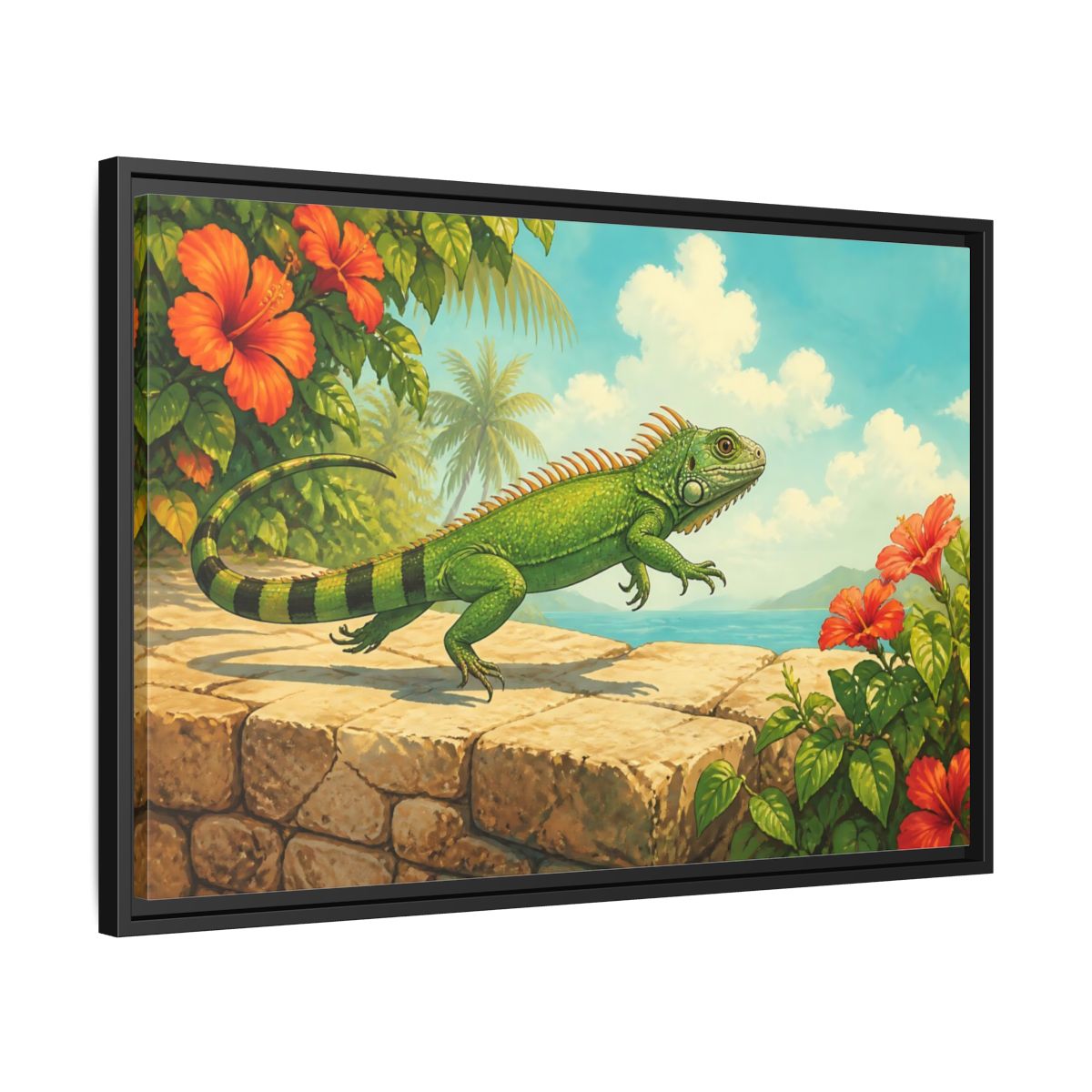 Side Mockup 14. Nature Green Iguana Green Tropical Iguana shown as stretched canvas wall art
