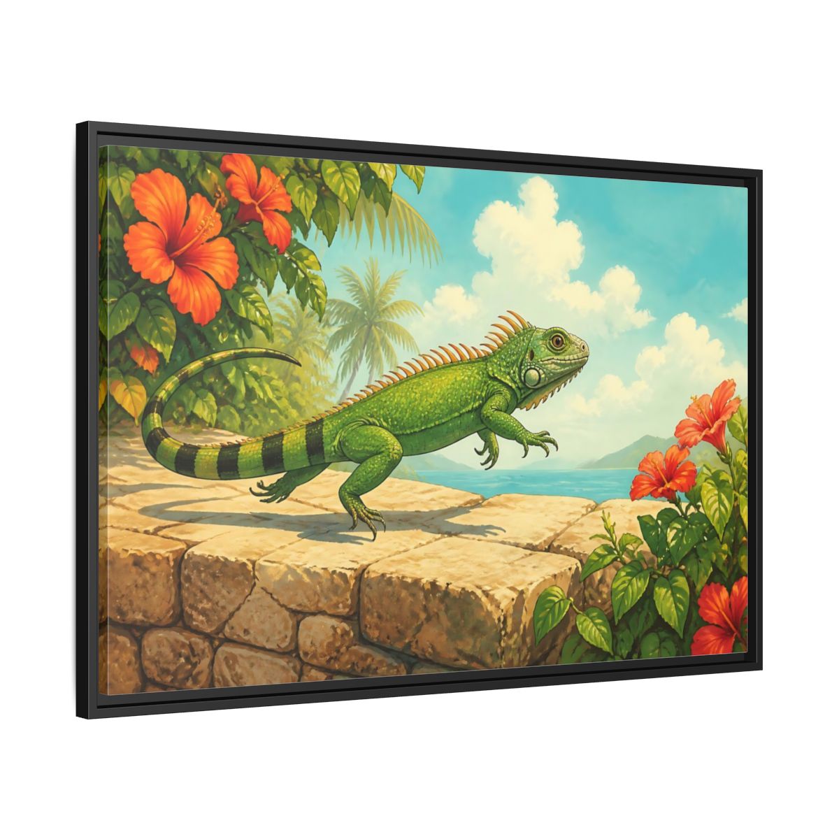 Side Mockup 13. Nature Green Iguana Green Tropical Iguana shown as stretched canvas wall art