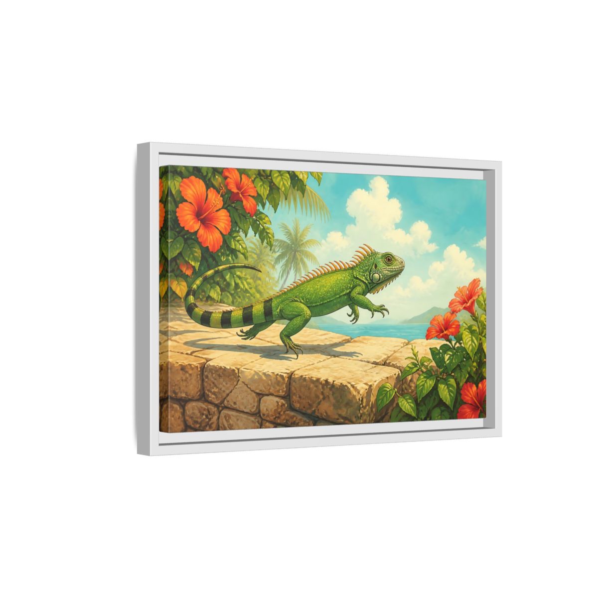 Side Mockup 4. Nature Green Iguana Green Tropical Iguana shown as stretched canvas wall art