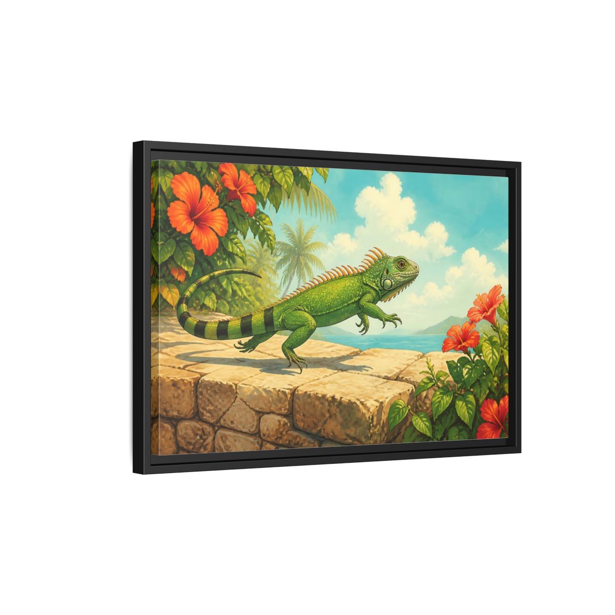 Side Mockup 3. Nature Green Iguana Green Tropical Iguana shown as stretched canvas wall art