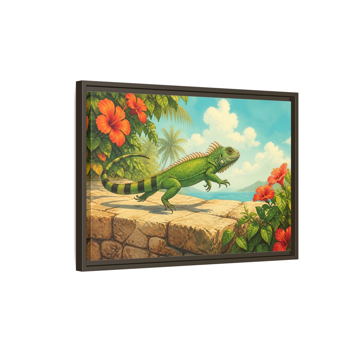 Side Mockup 2. Nature Green Iguana Green Tropical Iguana shown as stretched canvas wall art