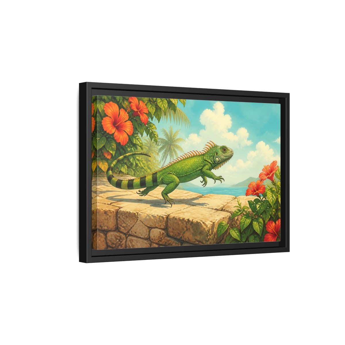Side Mockup 6. Nature Green Iguana Green Tropical Iguana shown as stretched canvas wall art