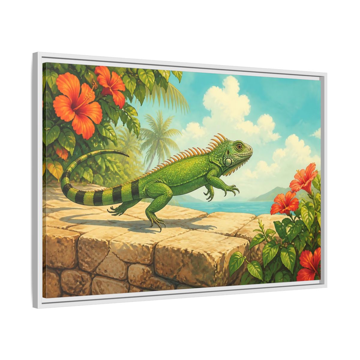 Side Mockup 9. Nature Green Iguana Green Tropical Iguana shown as stretched canvas wall art