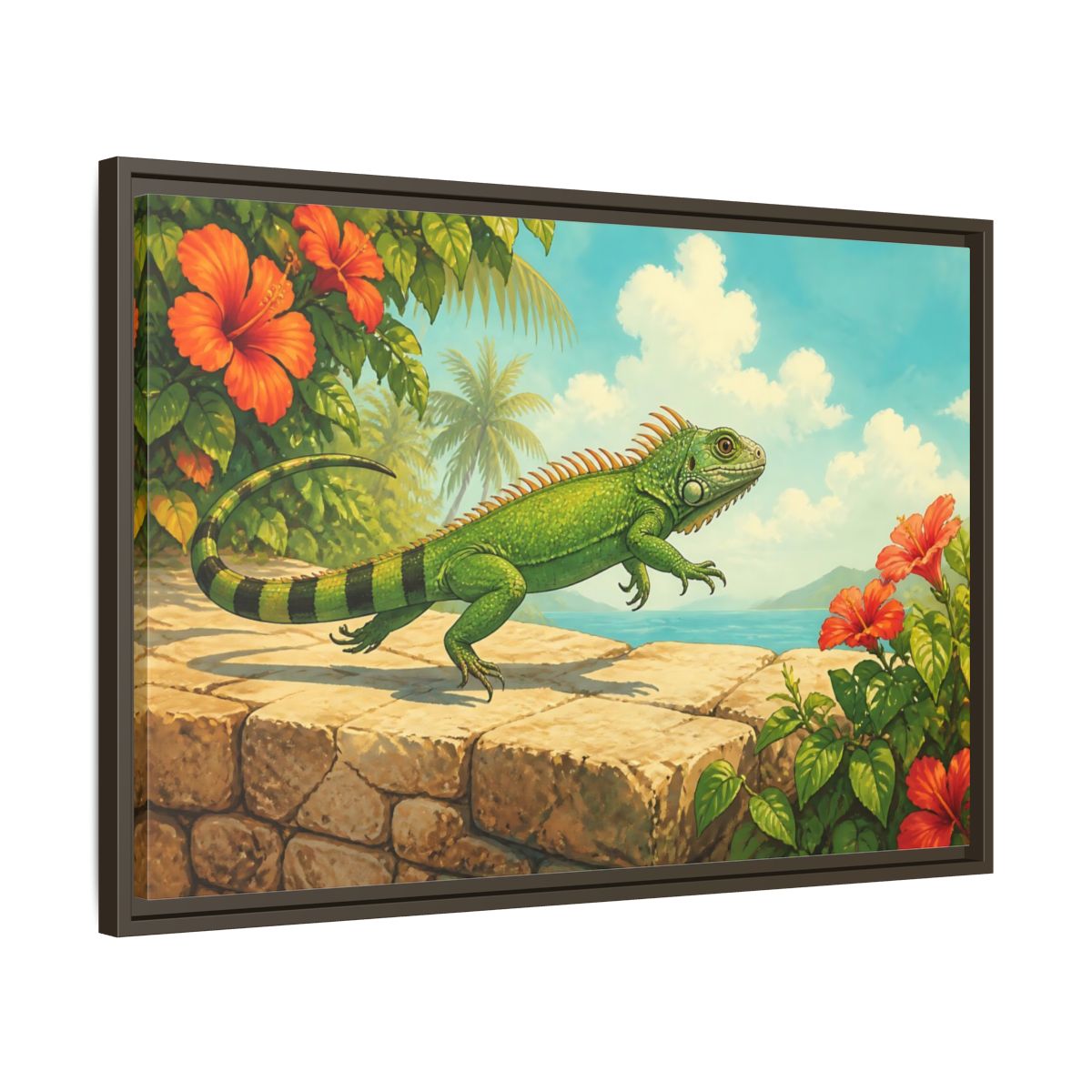 Side Mockup 11. Nature Green Iguana Green Tropical Iguana shown as stretched canvas wall art