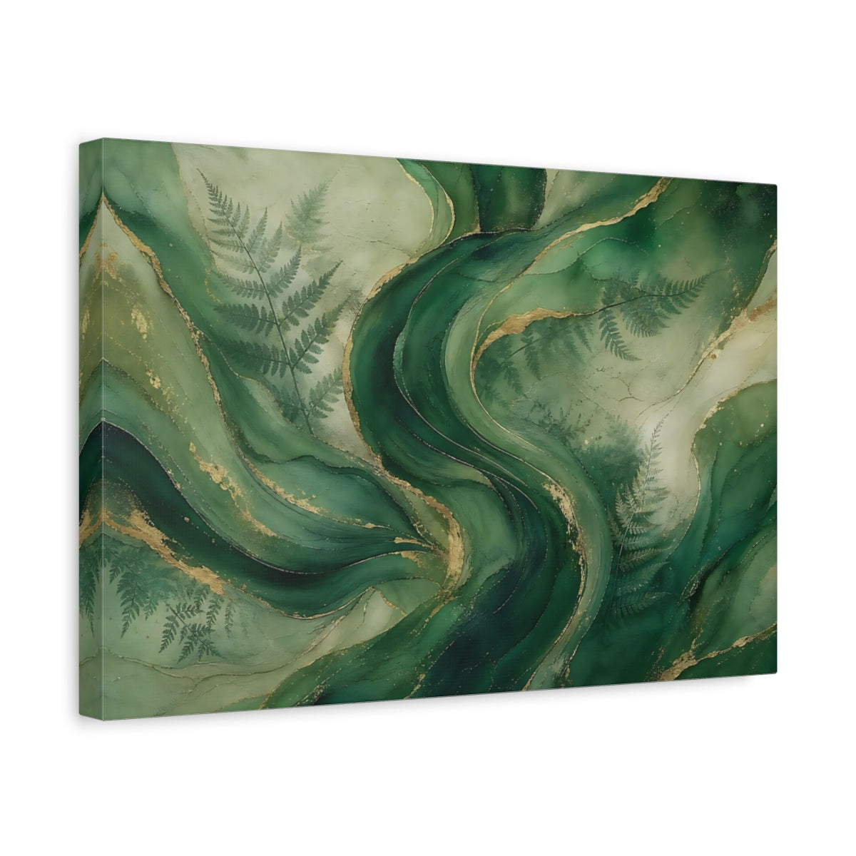 Side Mockup 4. Nature Green Swirls Green And Gold shown as stretched canvas wall art