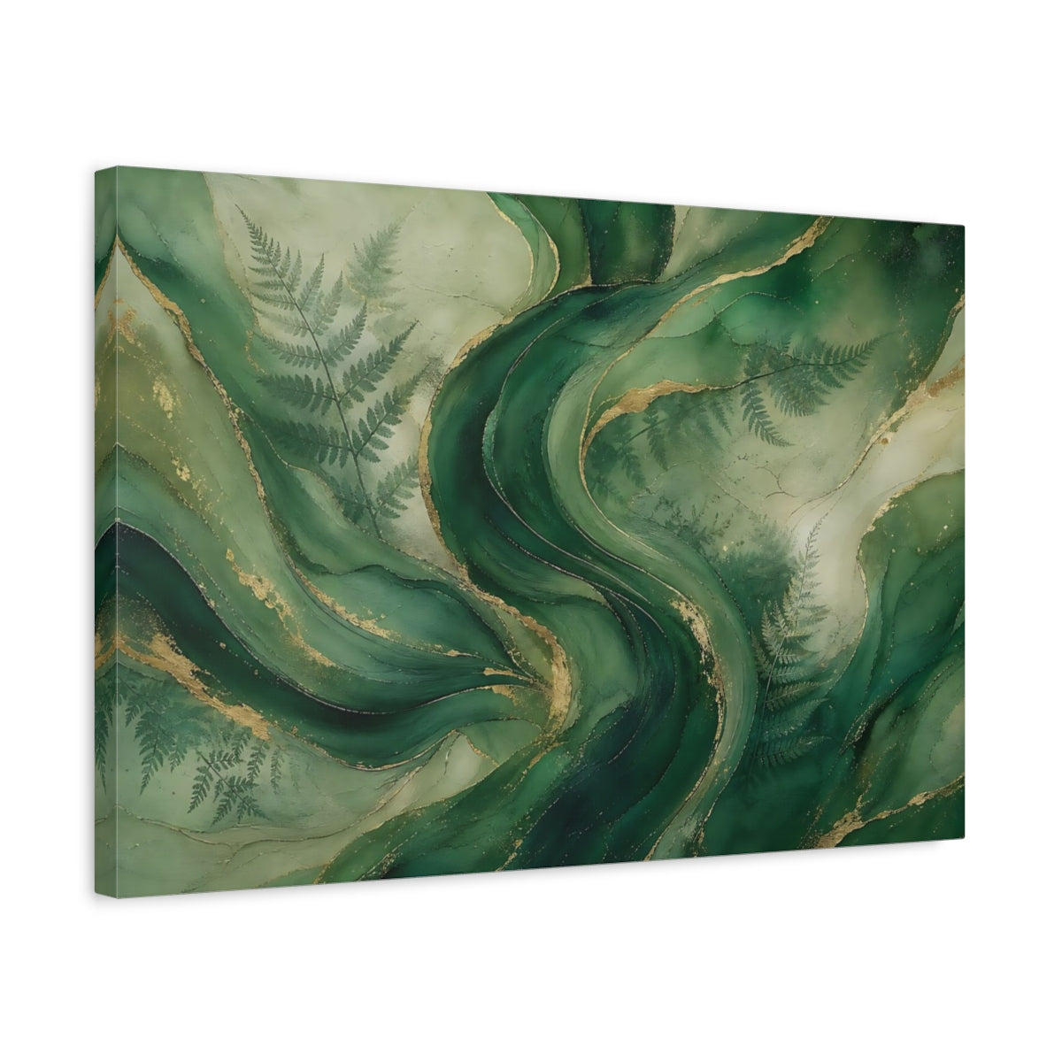 Side Mockup 3. Nature Green Swirls Green And Gold shown as stretched canvas wall art