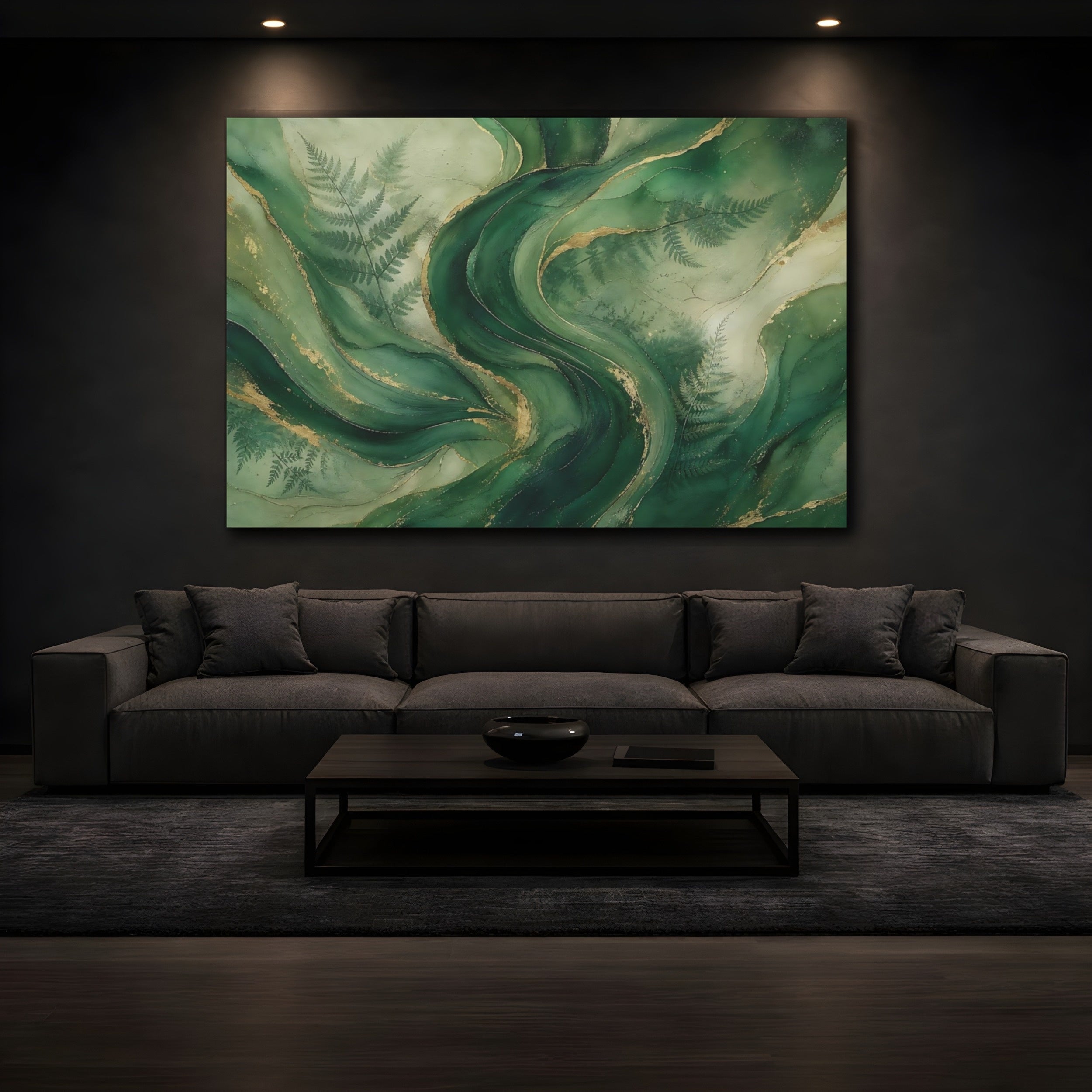 Mockup 3. Nature Green Swirls Green And Gold shown as stretched canvas wall art