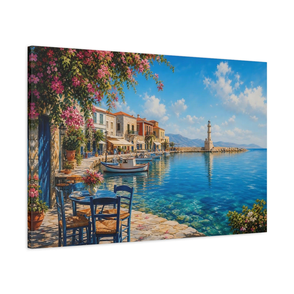 Main Mockup. Nature Harbor Town Mediterranean Village shown as stretched canvas wall art