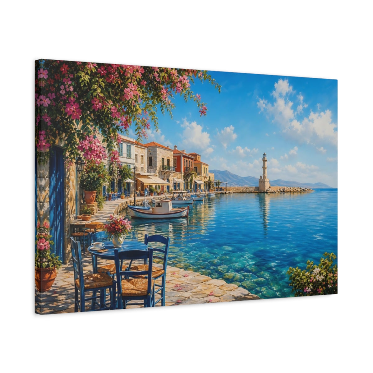 Side Mockup 2. Nature Harbor Town Mediterranean Village shown as stretched canvas wall art
