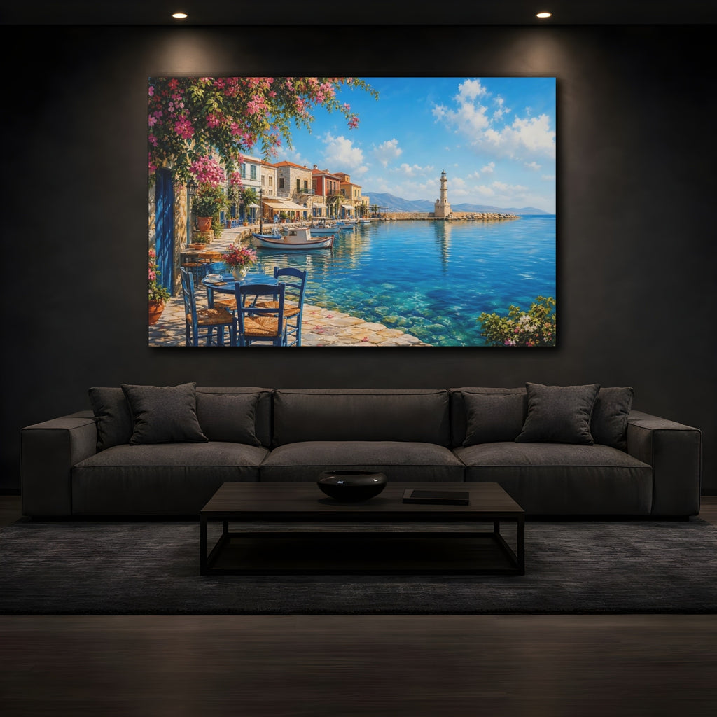 Mockup 3. Nature Harbor Town Mediterranean Village shown as stretched canvas wall art