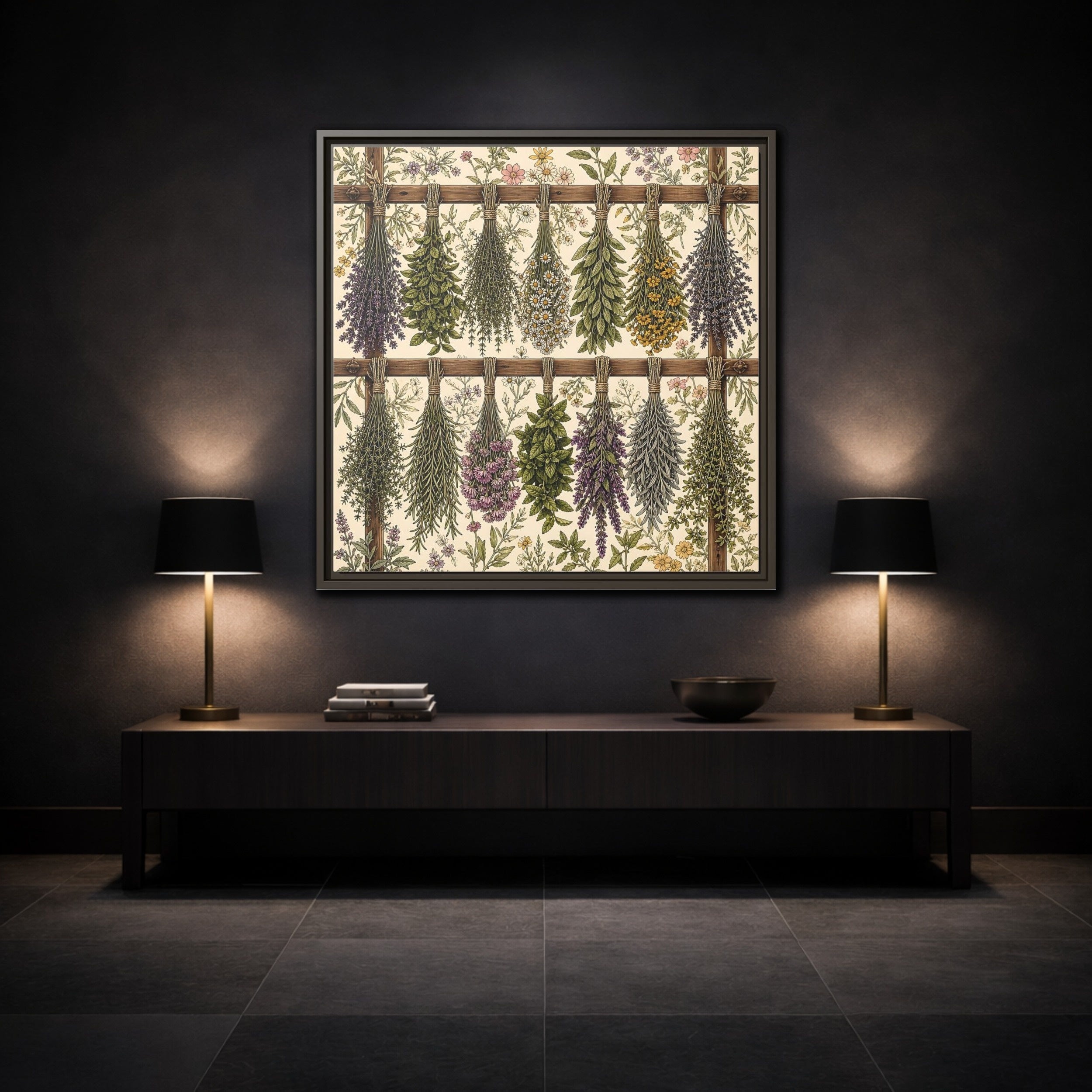 Mockup 3. Nature Herbal Bundles Vintage Botanical shown as stretched canvas wall art