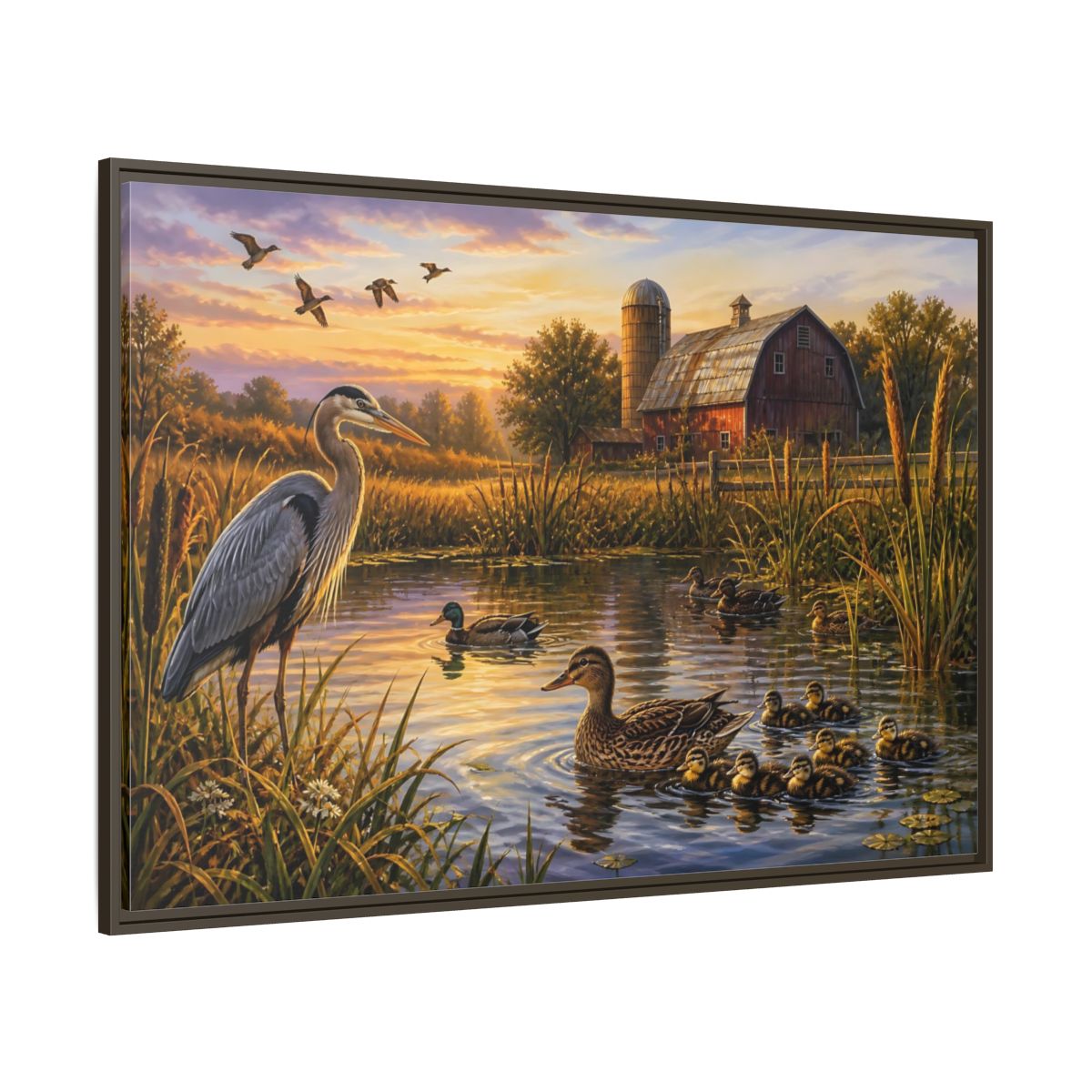 Side Mockup 8. Nature Heron And Ducks Golden Sunset Wildlife shown as stretched canvas wall art