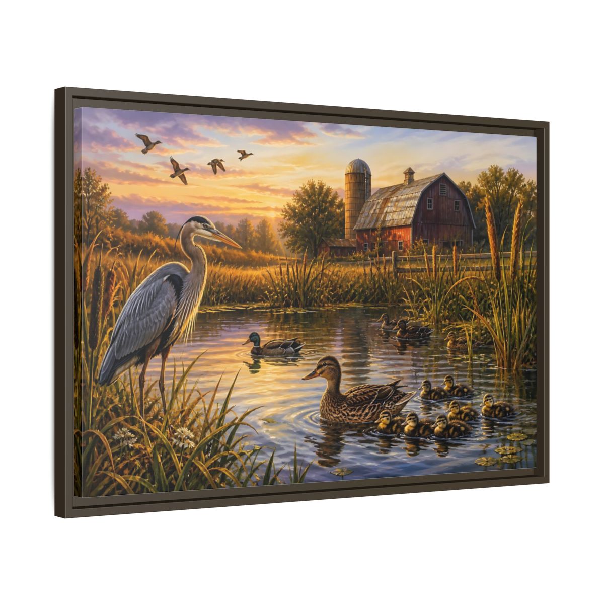 Side Mockup 11. Nature Heron And Ducks Golden Sunset Wildlife shown as stretched canvas wall art
