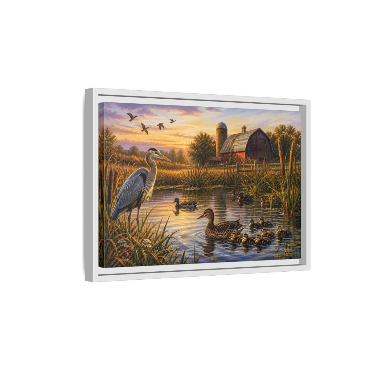 Side Mockup 4. Nature Heron And Ducks Golden Sunset Wildlife shown as stretched canvas wall art