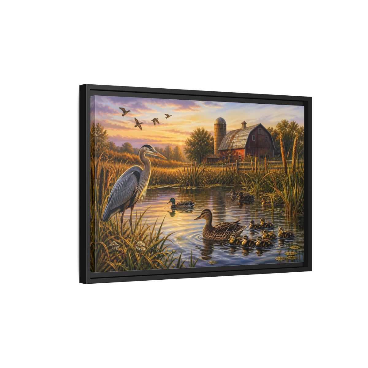 Side Mockup 3. Nature Heron And Ducks Golden Sunset Wildlife shown as stretched canvas wall art