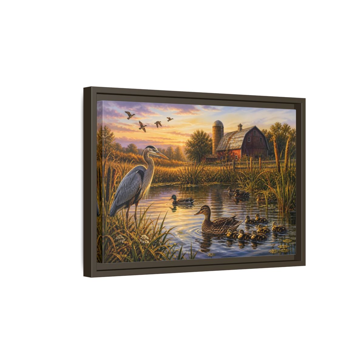 Side Mockup 5. Nature Heron And Ducks Golden Sunset Wildlife shown as stretched canvas wall art