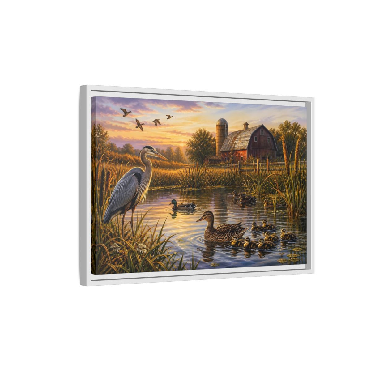 Side Mockup 1. Nature Heron And Ducks Golden Sunset Wildlife shown as stretched canvas wall art