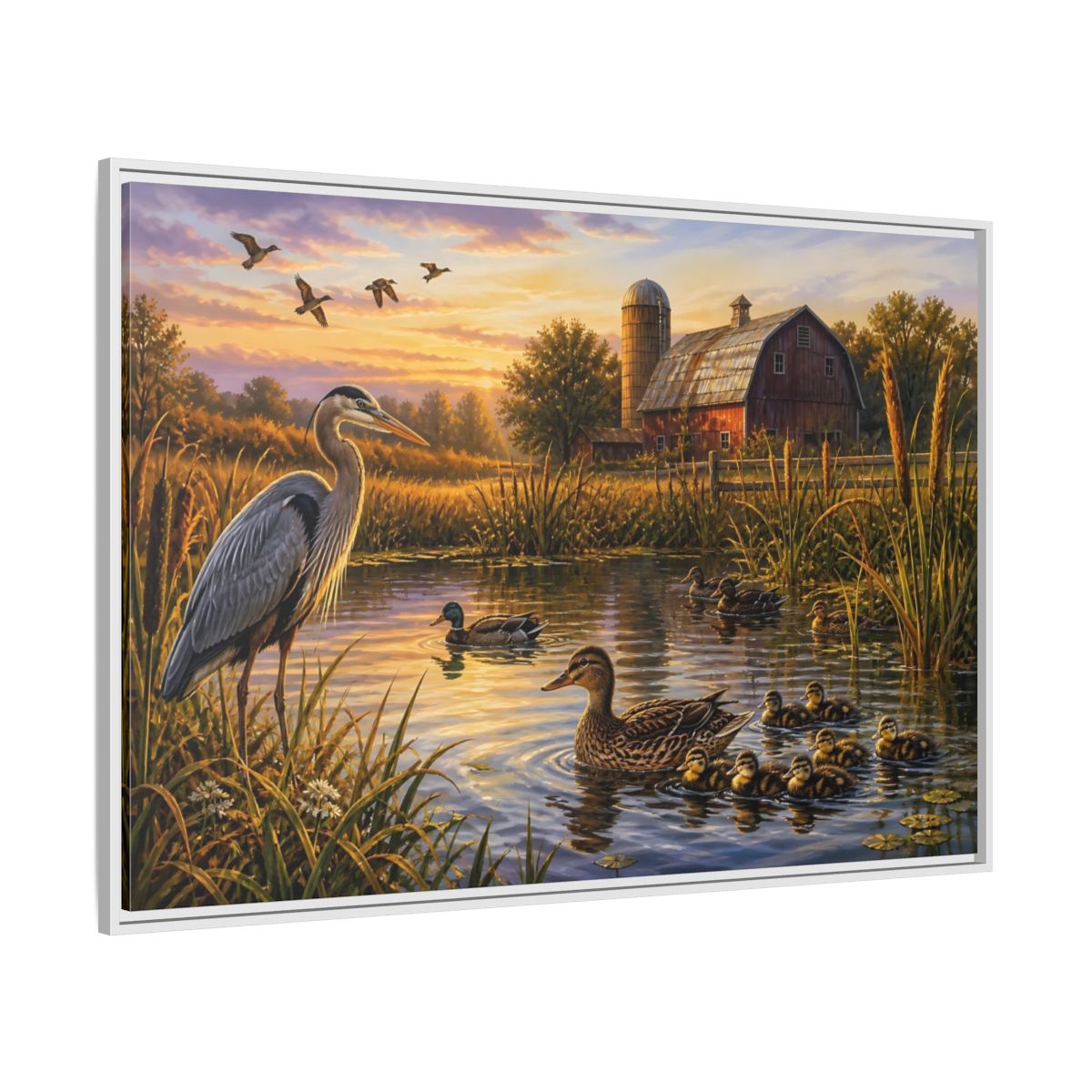 Side Mockup 7. Nature Heron And Ducks Golden Sunset Wildlife shown as stretched canvas wall art