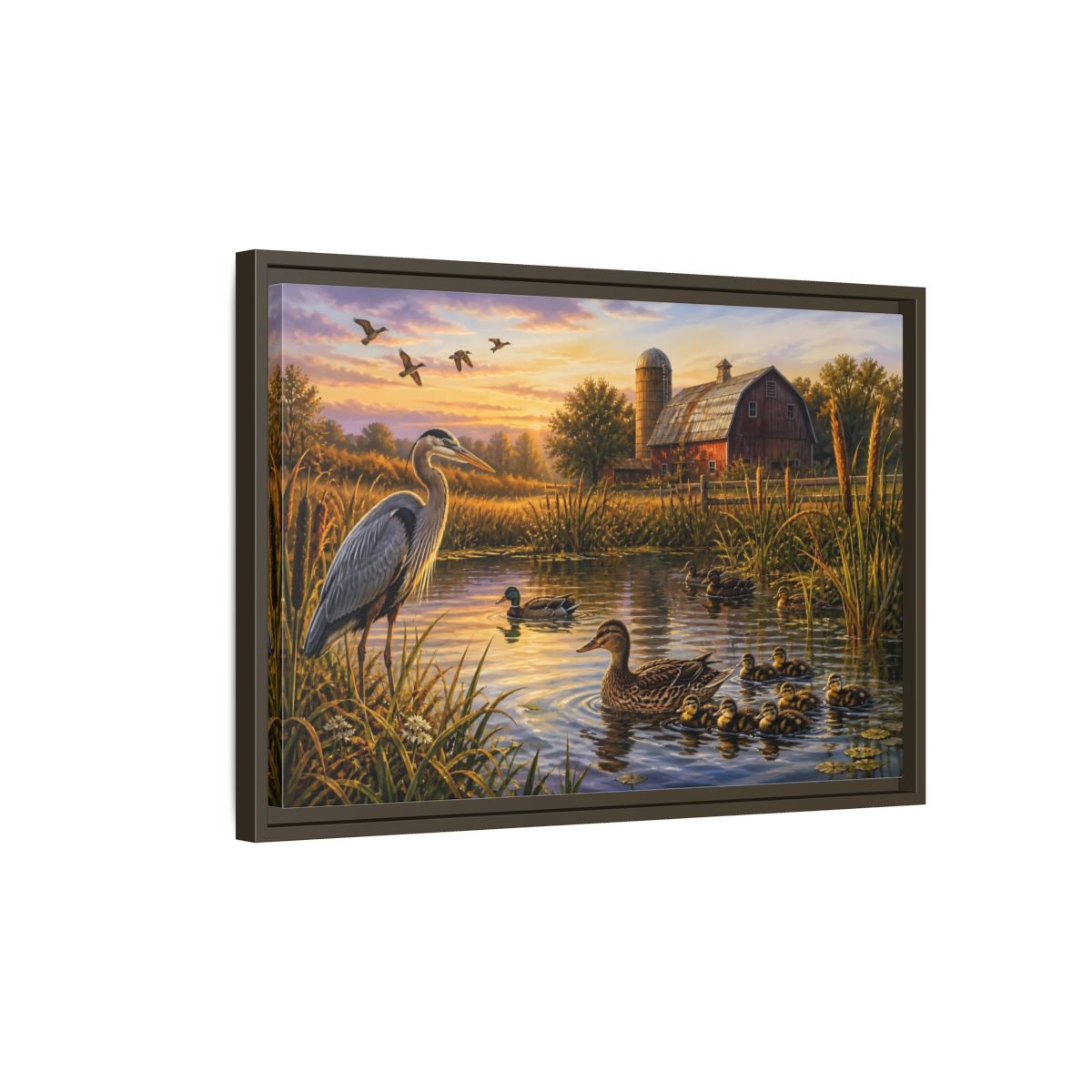 Side Mockup 2. Nature Heron And Ducks Golden Sunset Wildlife shown as stretched canvas wall art