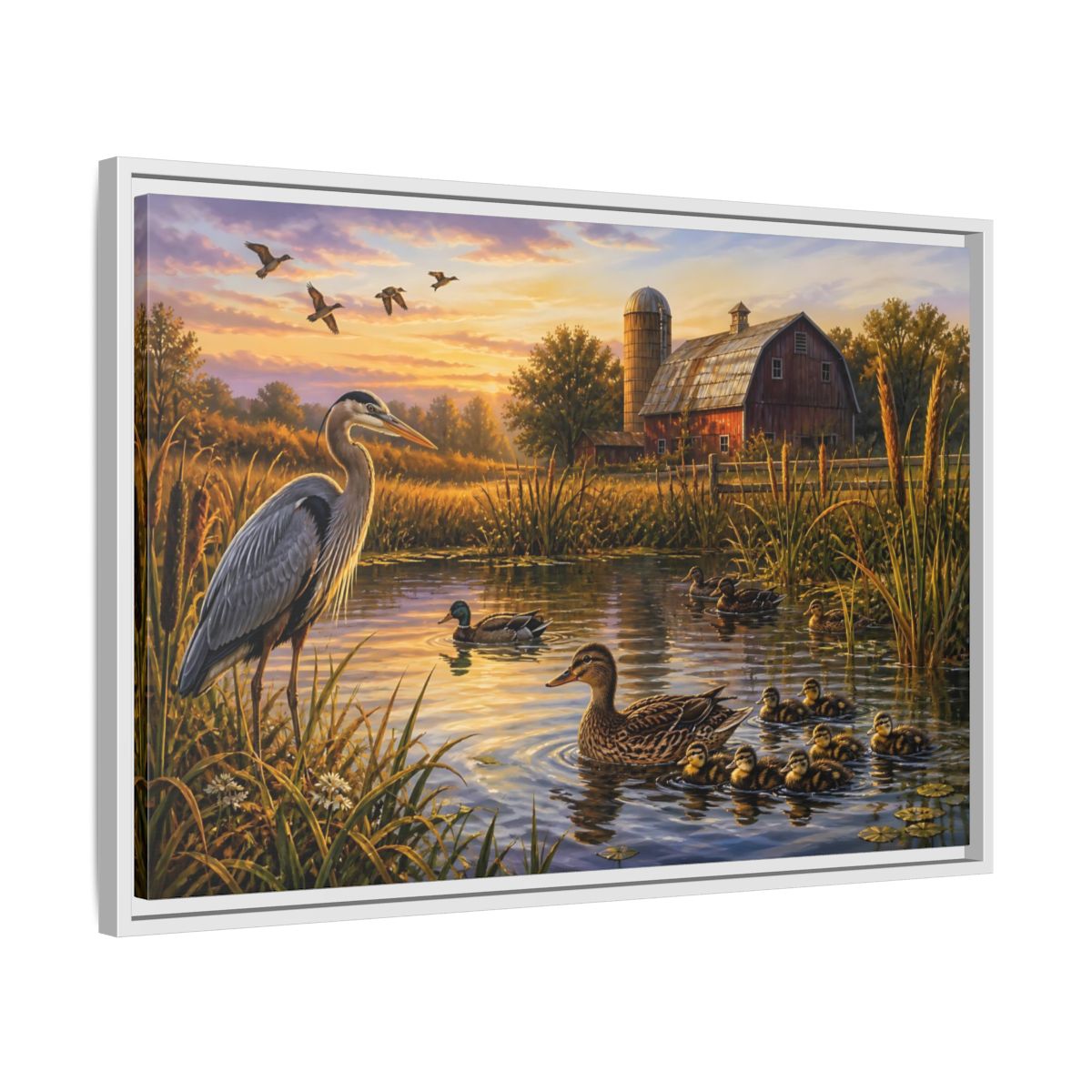 Side Mockup 10. Nature Heron And Ducks Golden Sunset Wildlife shown as stretched canvas wall art