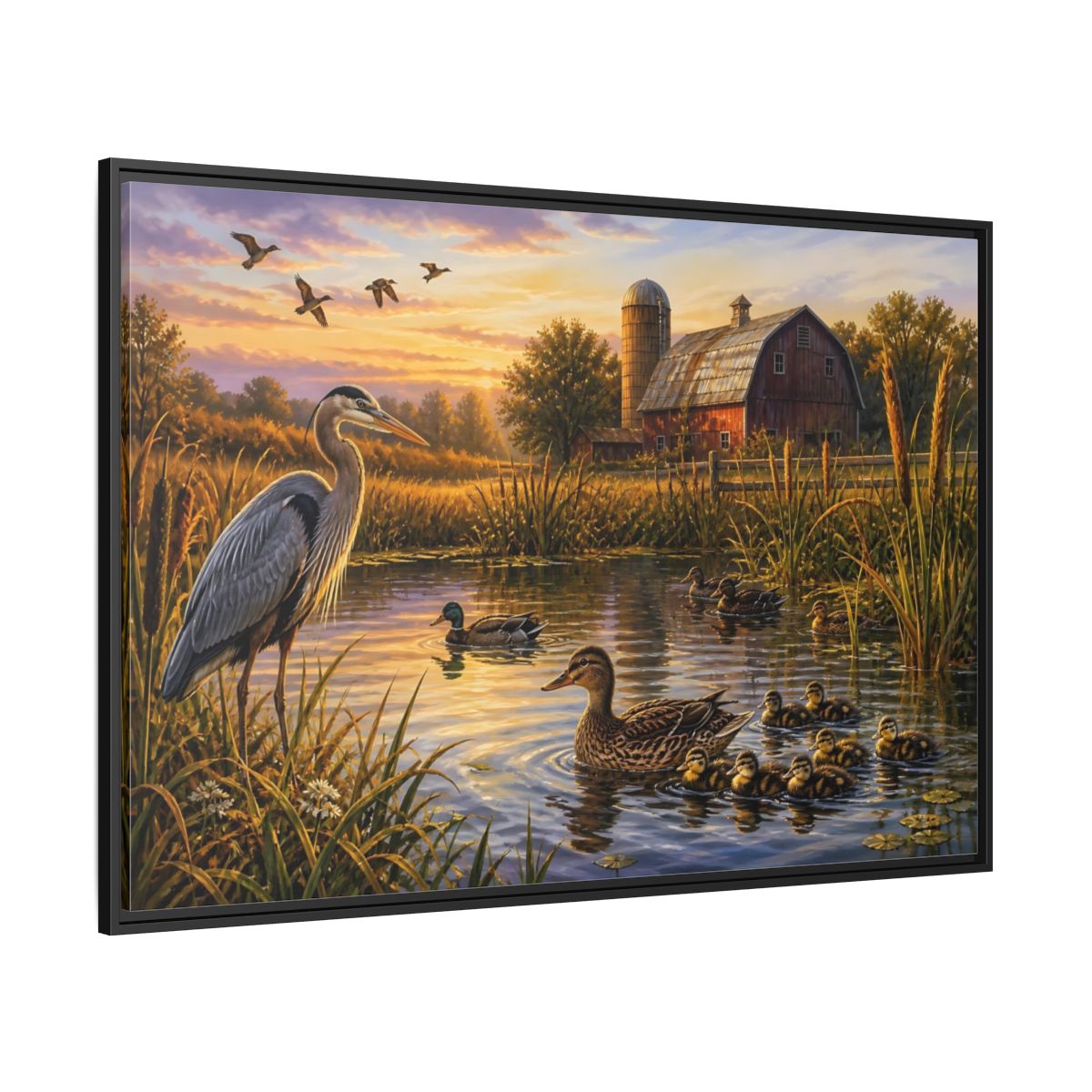 Side Mockup 12. Nature Heron And Ducks Golden Sunset Wildlife shown as stretched canvas wall art