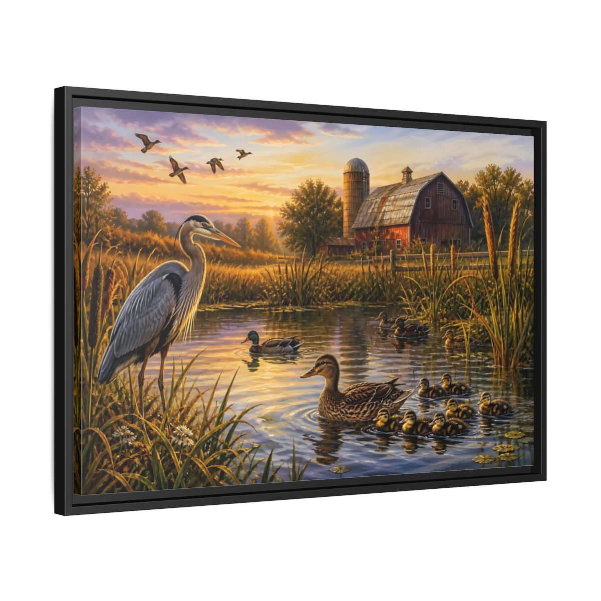 Side Mockup 14. Nature Heron And Ducks Golden Sunset Wildlife shown as stretched canvas wall art