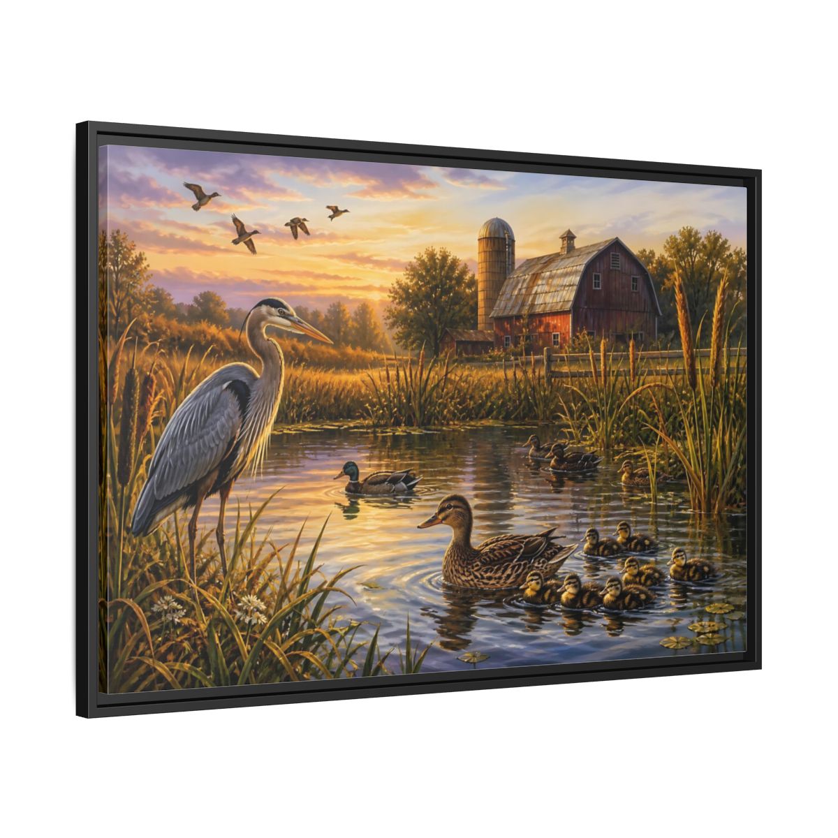 Side Mockup 13. Nature Heron And Ducks Golden Sunset Wildlife shown as stretched canvas wall art
