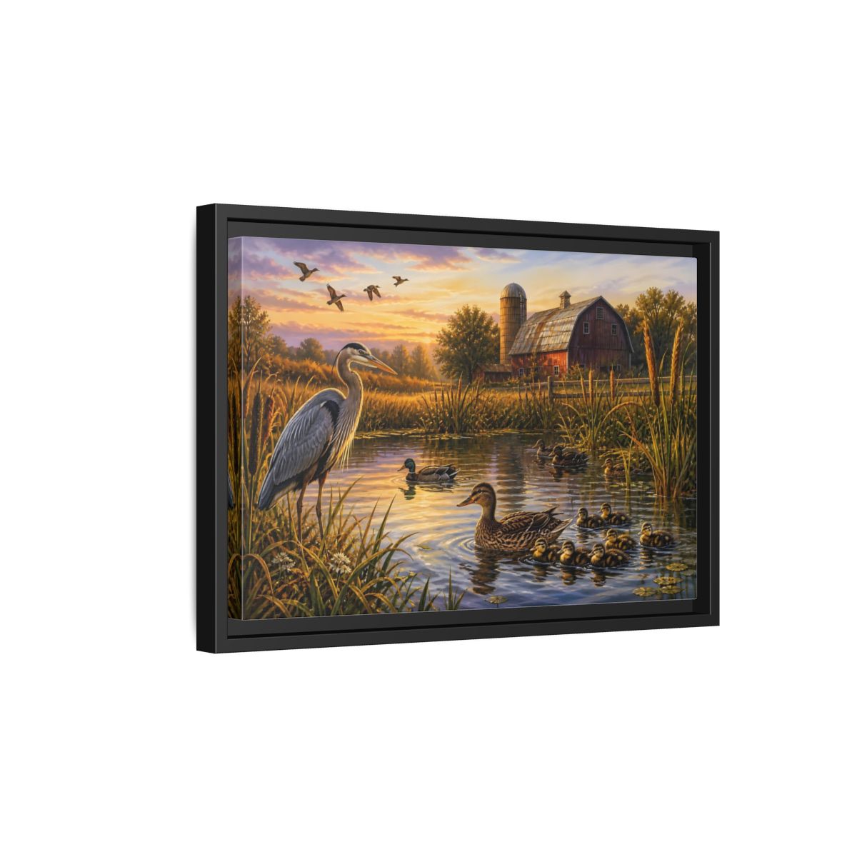 Side Mockup 6. Nature Heron And Ducks Golden Sunset Wildlife shown as stretched canvas wall art