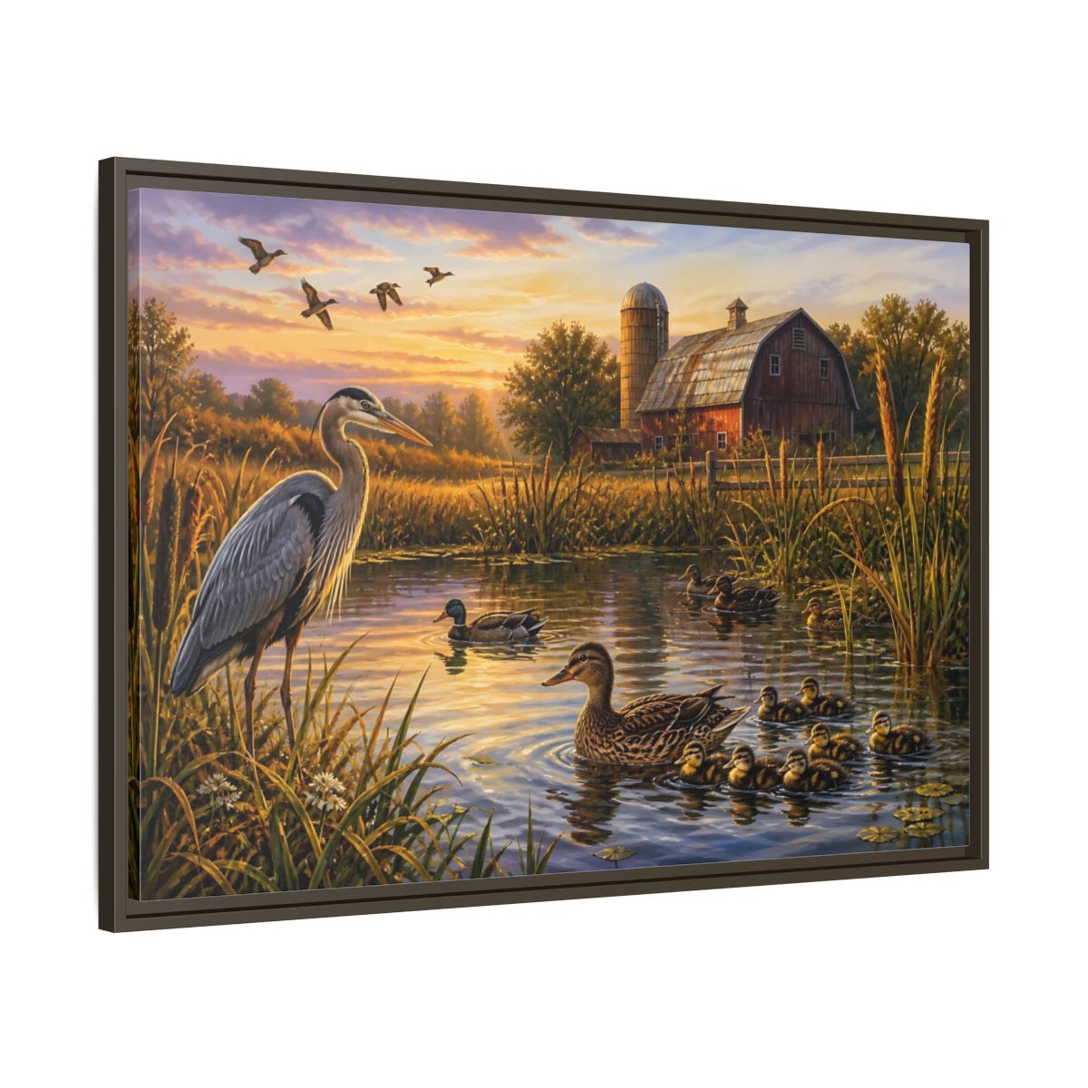 Main Mockup. Nature Heron And Ducks Golden Sunset Wildlife shown as stretched canvas wall art