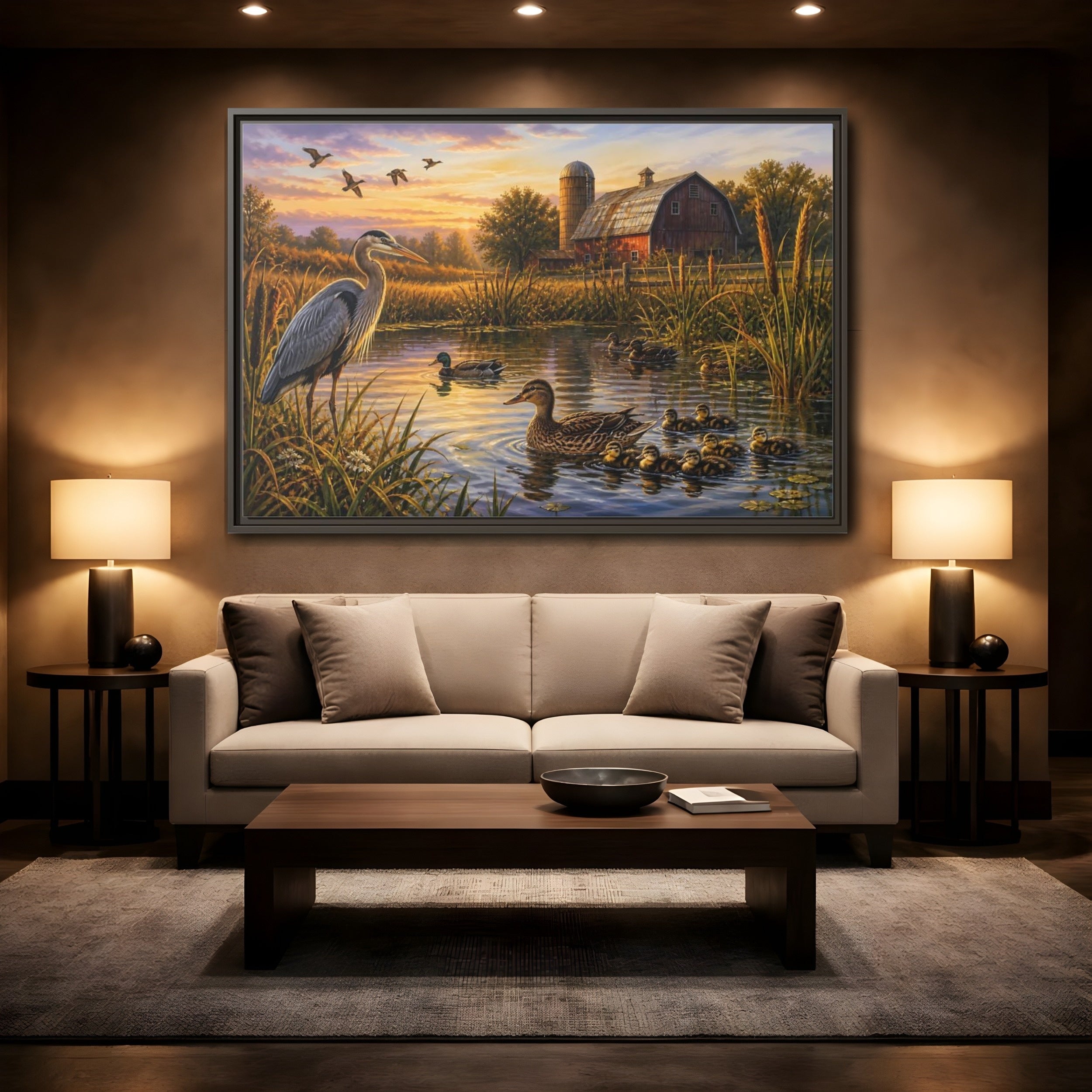 Mockup 2. Nature Heron And Ducks Golden Sunset Wildlife shown as stretched canvas wall art
