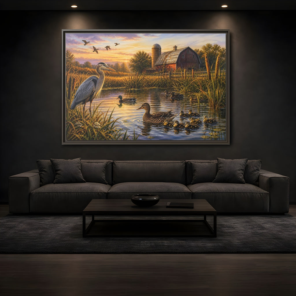 Mockup 3. Nature Heron And Ducks Golden Sunset Wildlife shown as stretched canvas wall art