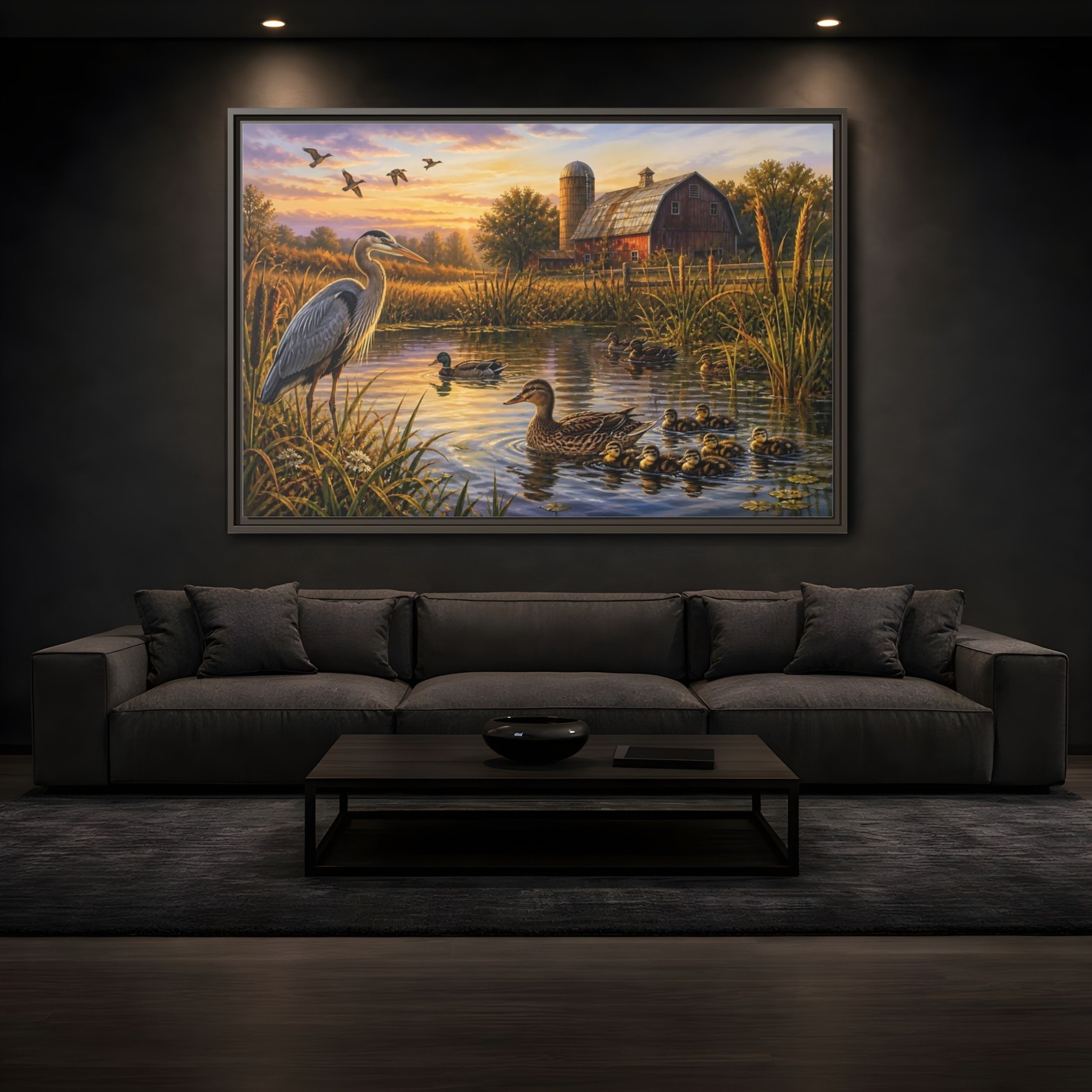 Mockup 3. Nature Heron And Ducks Golden Sunset Wildlife shown as stretched canvas wall art