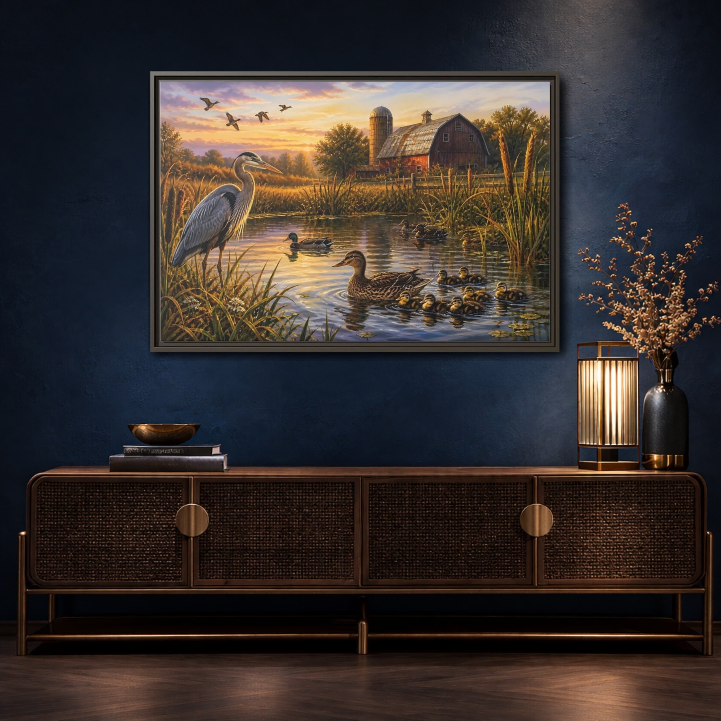 Mockup 4. Nature Heron And Ducks Golden Sunset Wildlife shown as stretched canvas wall art