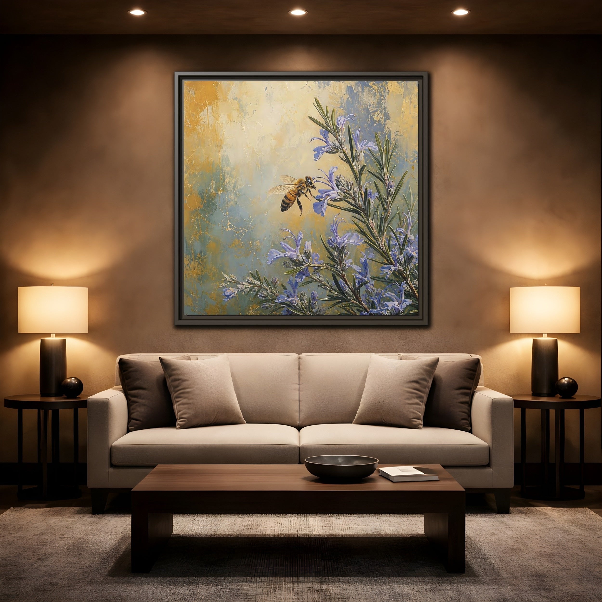 Mockup 2. Nature Honey Bee Blue Gold Bee shown as stretched canvas wall art