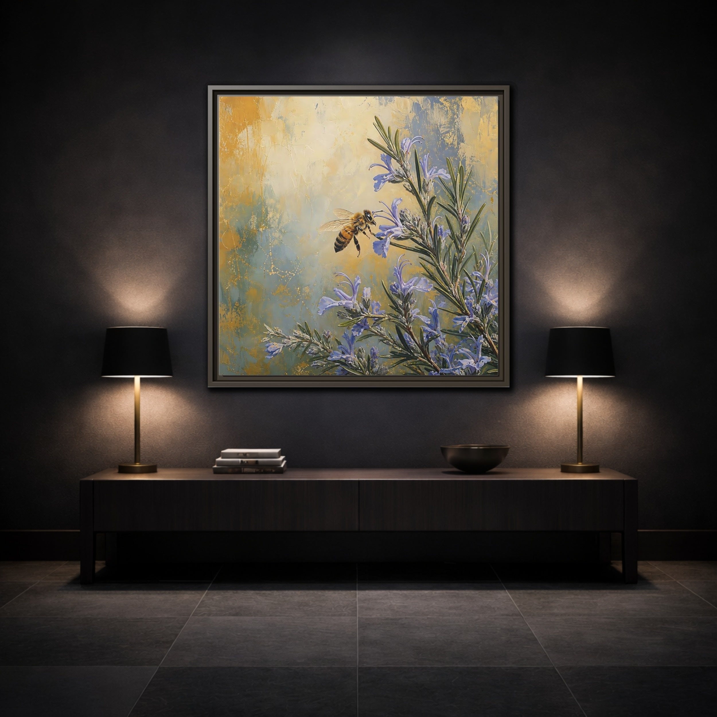 Mockup 3. Nature Honey Bee Blue Gold Bee shown as stretched canvas wall art