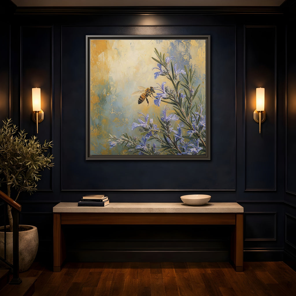 Mockup 4. Nature Honey Bee Blue Gold Bee shown as stretched canvas wall art