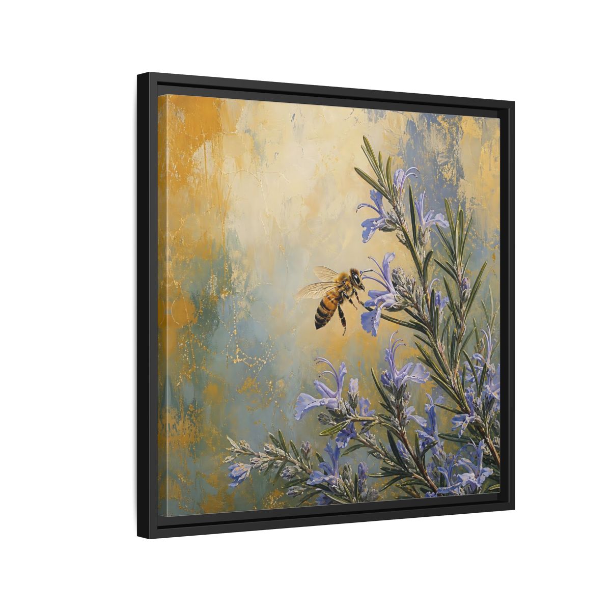 Side Mockup 12. Nature Honey Bee Blue Gold Bee shown as stretched canvas wall art