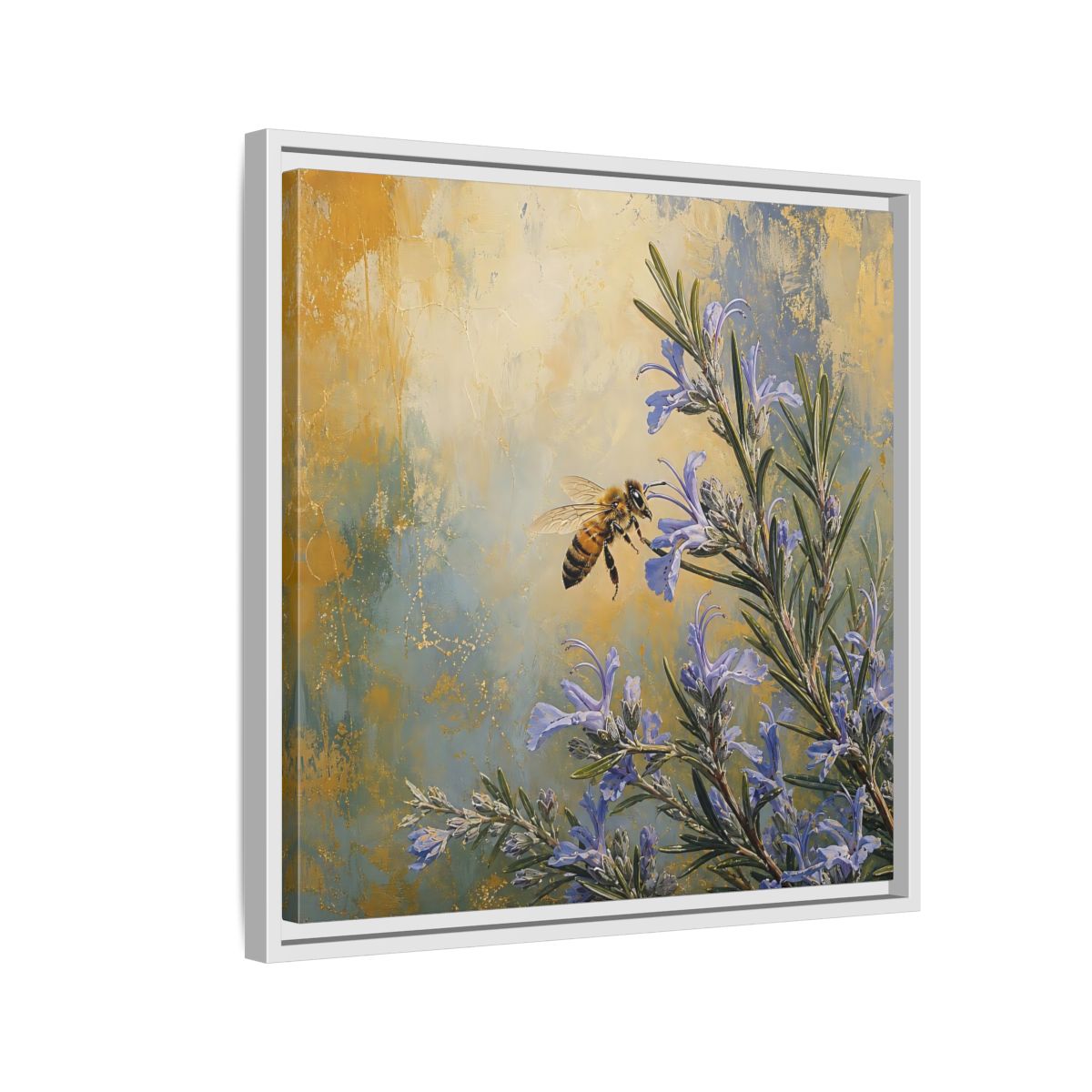 Side Mockup 10. Nature Honey Bee Blue Gold Bee shown as stretched canvas wall art
