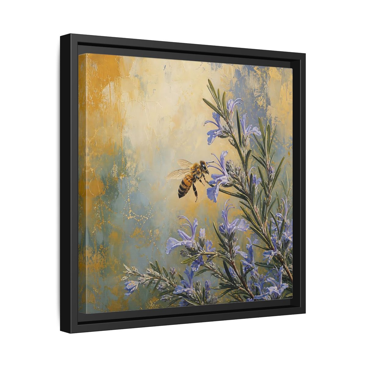 Side Mockup 32. Nature Honey Bee Blue Gold Bee shown as stretched canvas wall art