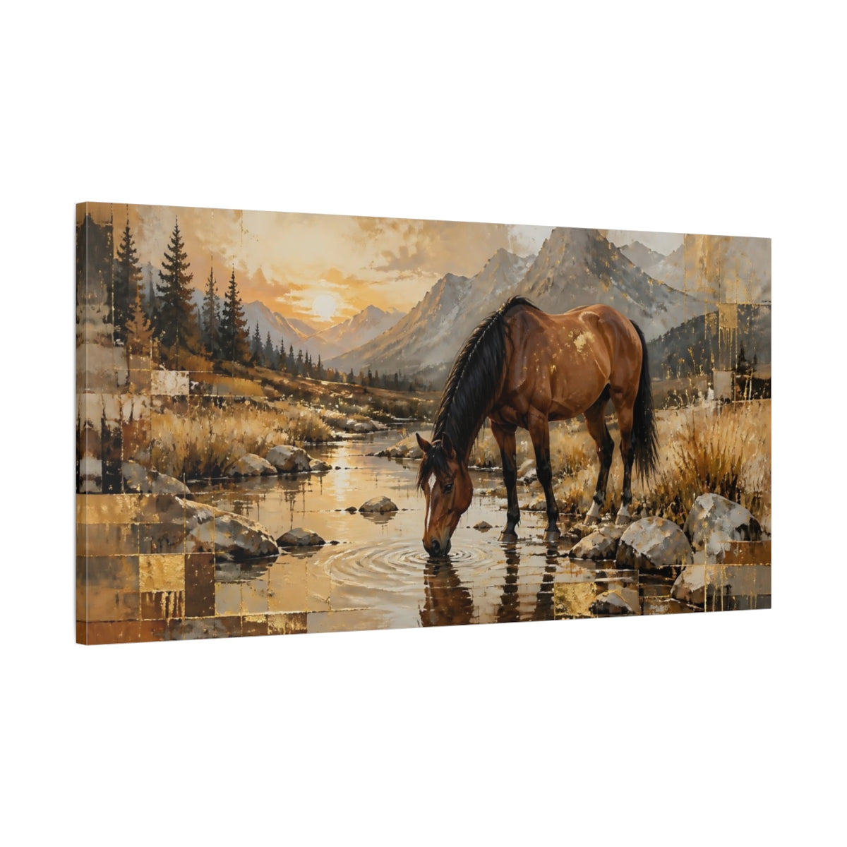 Main Mockup. Nature Horse Brown And Gold shown as stretched canvas wall art