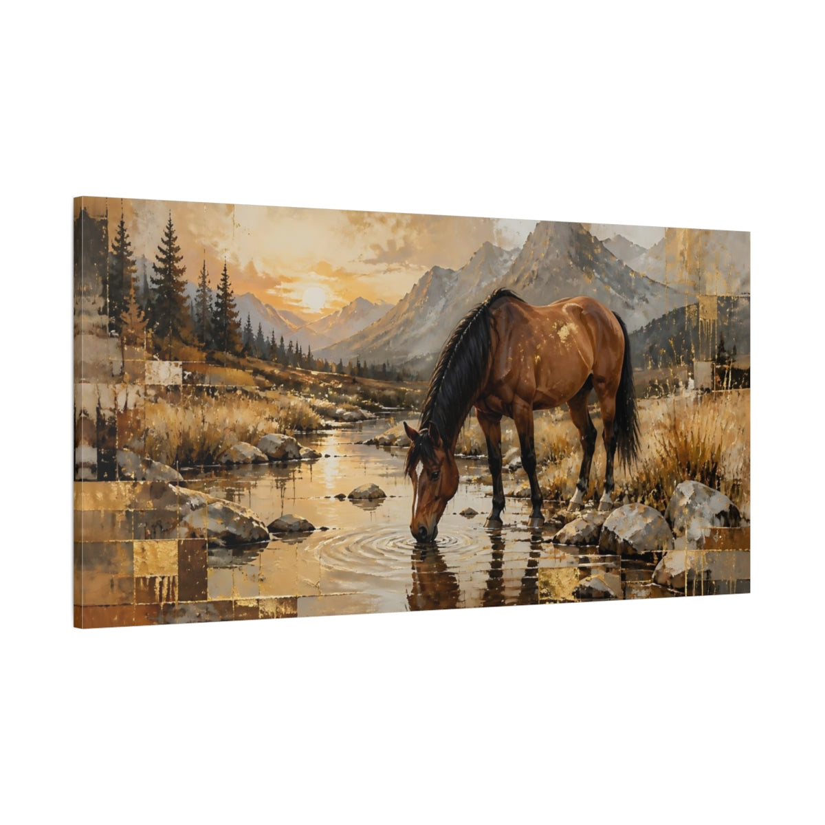 Side Mockup 2. Nature Horse Brown And Gold shown as stretched canvas wall art