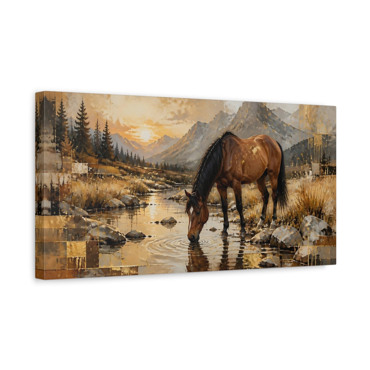 Side Mockup 3. Nature Horse Brown And Gold shown as stretched canvas wall art