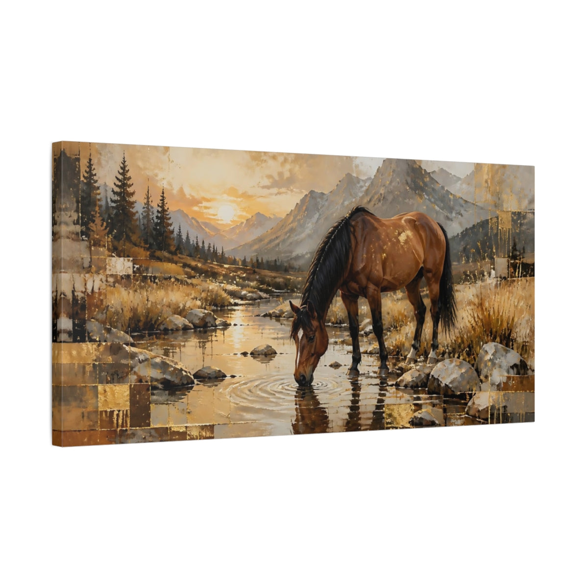 Side Mockup 1. Nature Horse Brown And Gold shown as stretched canvas wall art