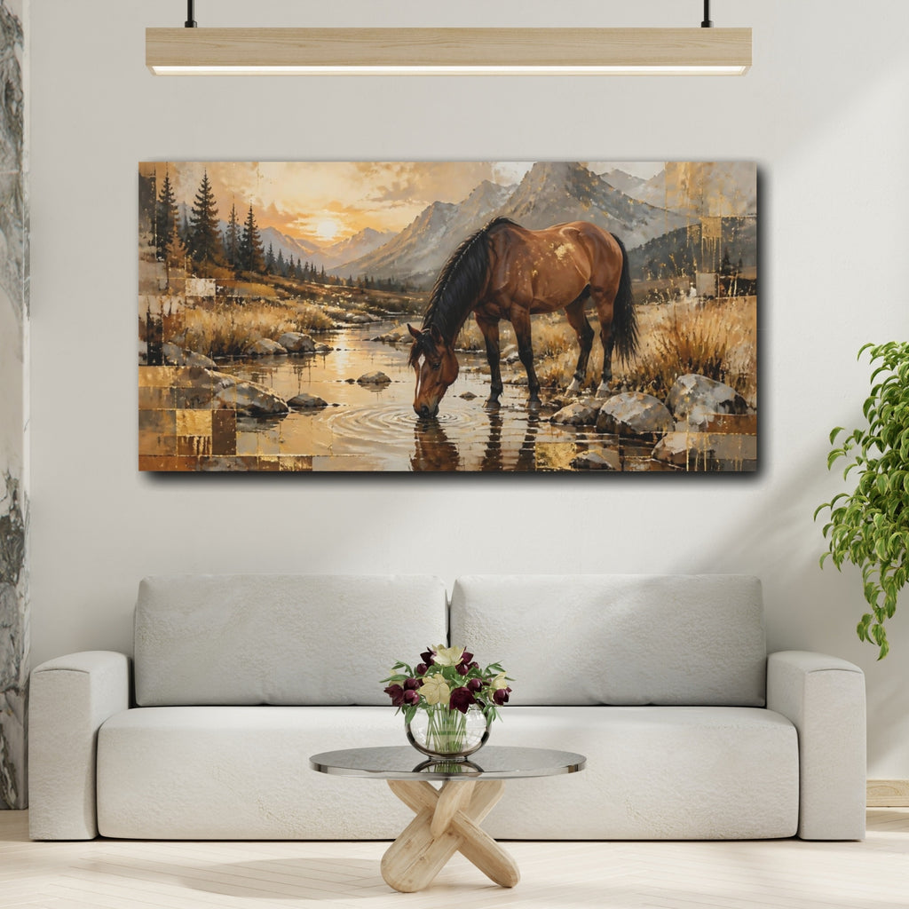 Mockup 2. Nature Horse Brown And Gold shown as stretched canvas wall art