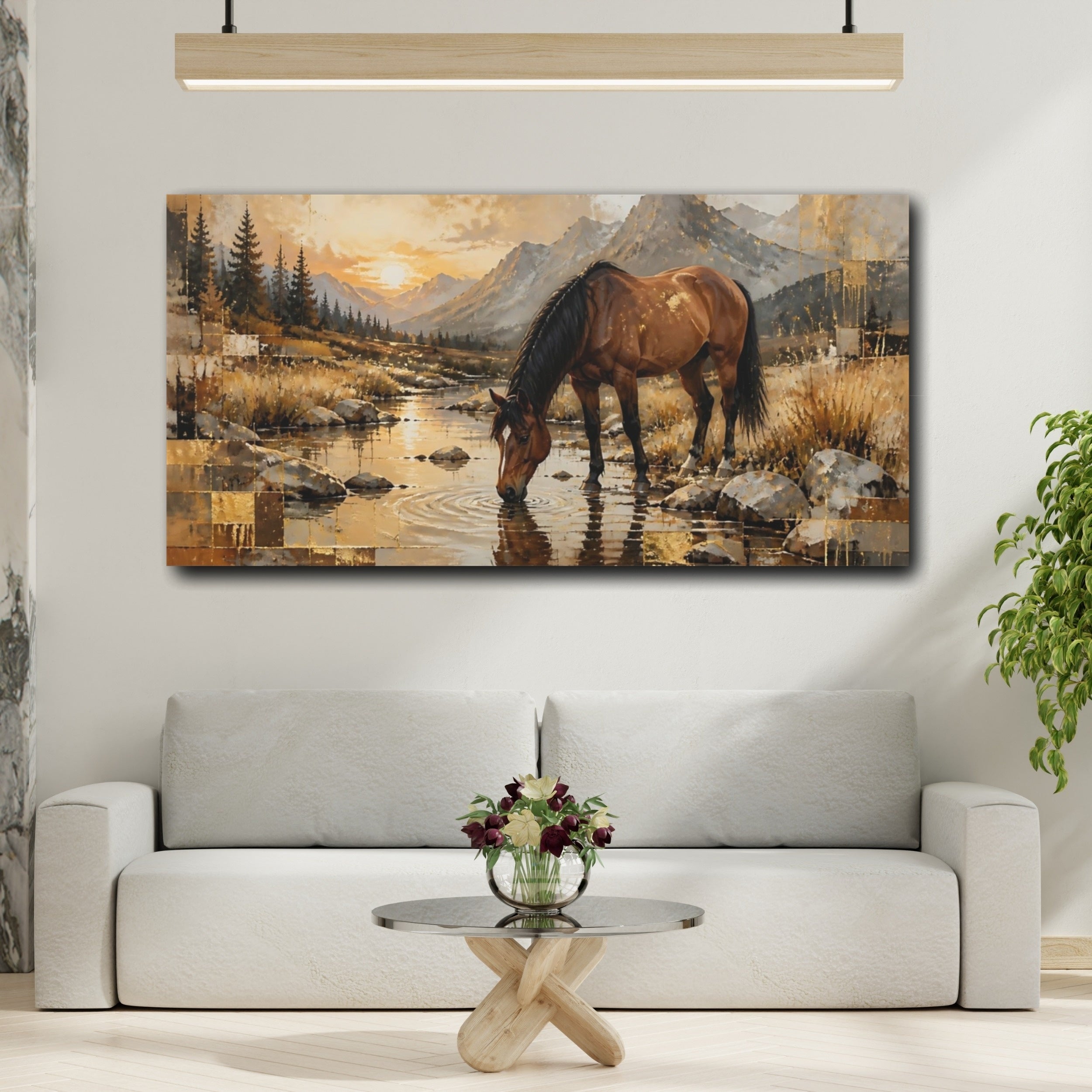 Mockup 2. Nature Horse Brown And Gold shown as stretched canvas wall art