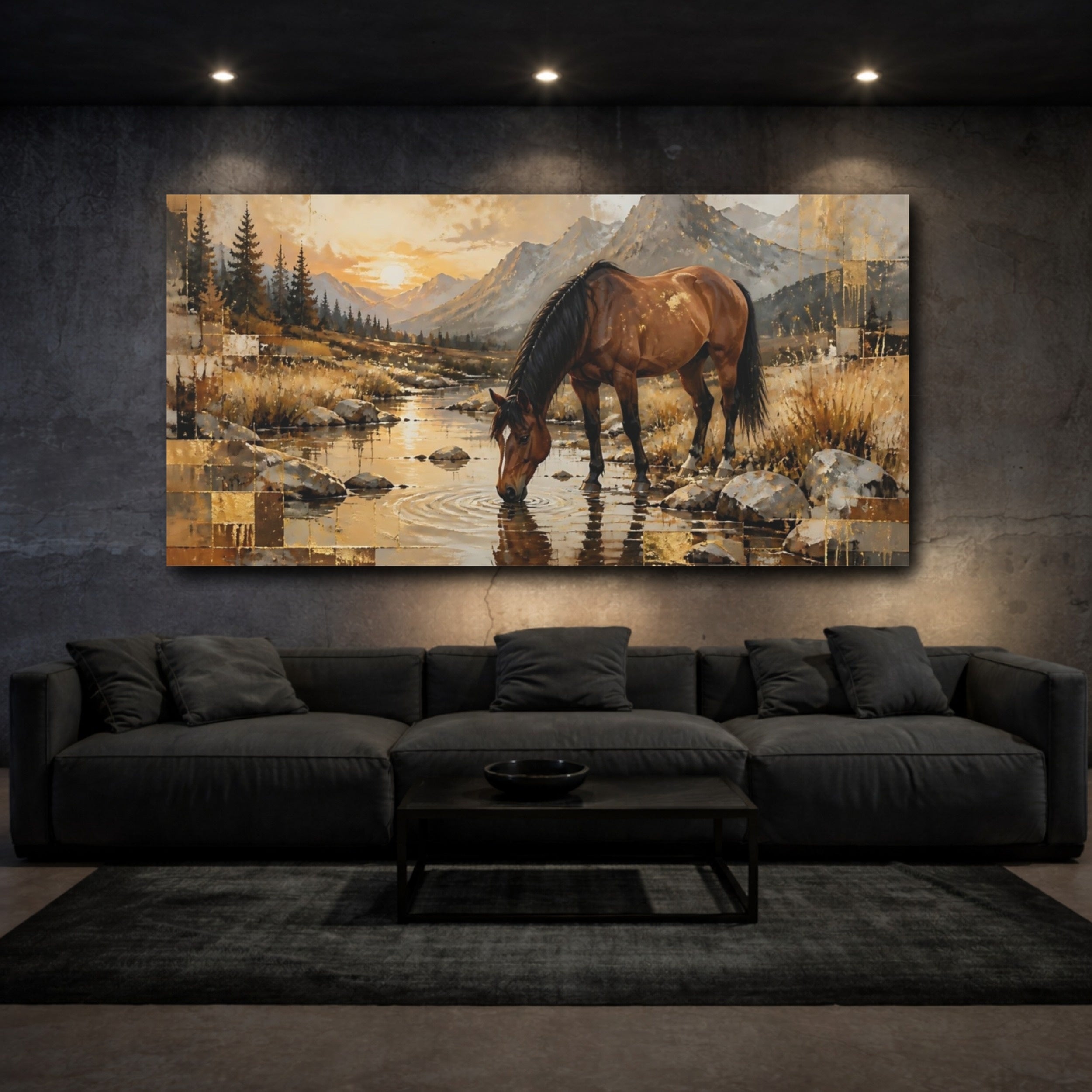 Mockup 3. Nature Horse Brown And Gold shown as stretched canvas wall art