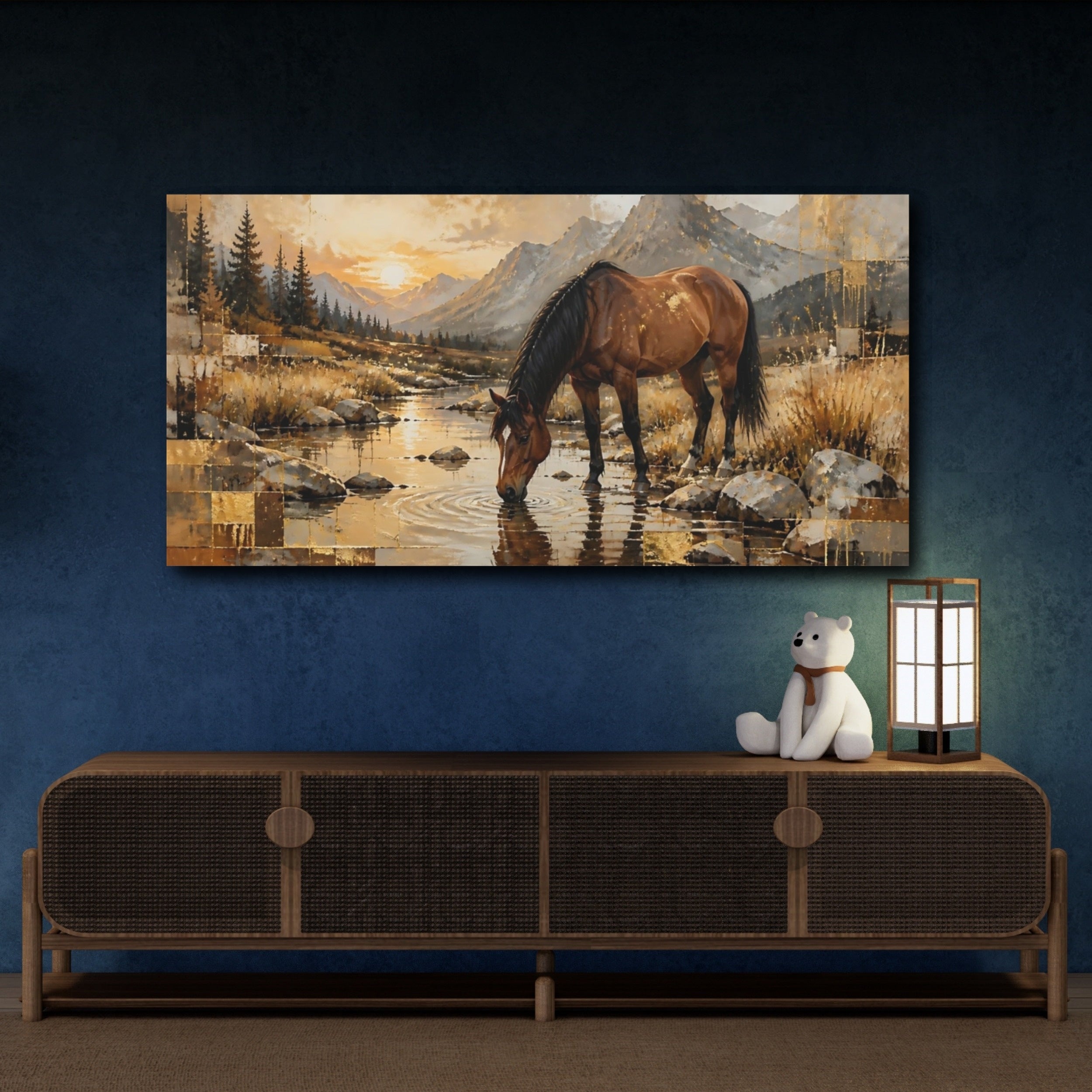 Mockup 4. Nature Horse Brown And Gold shown as stretched canvas wall art