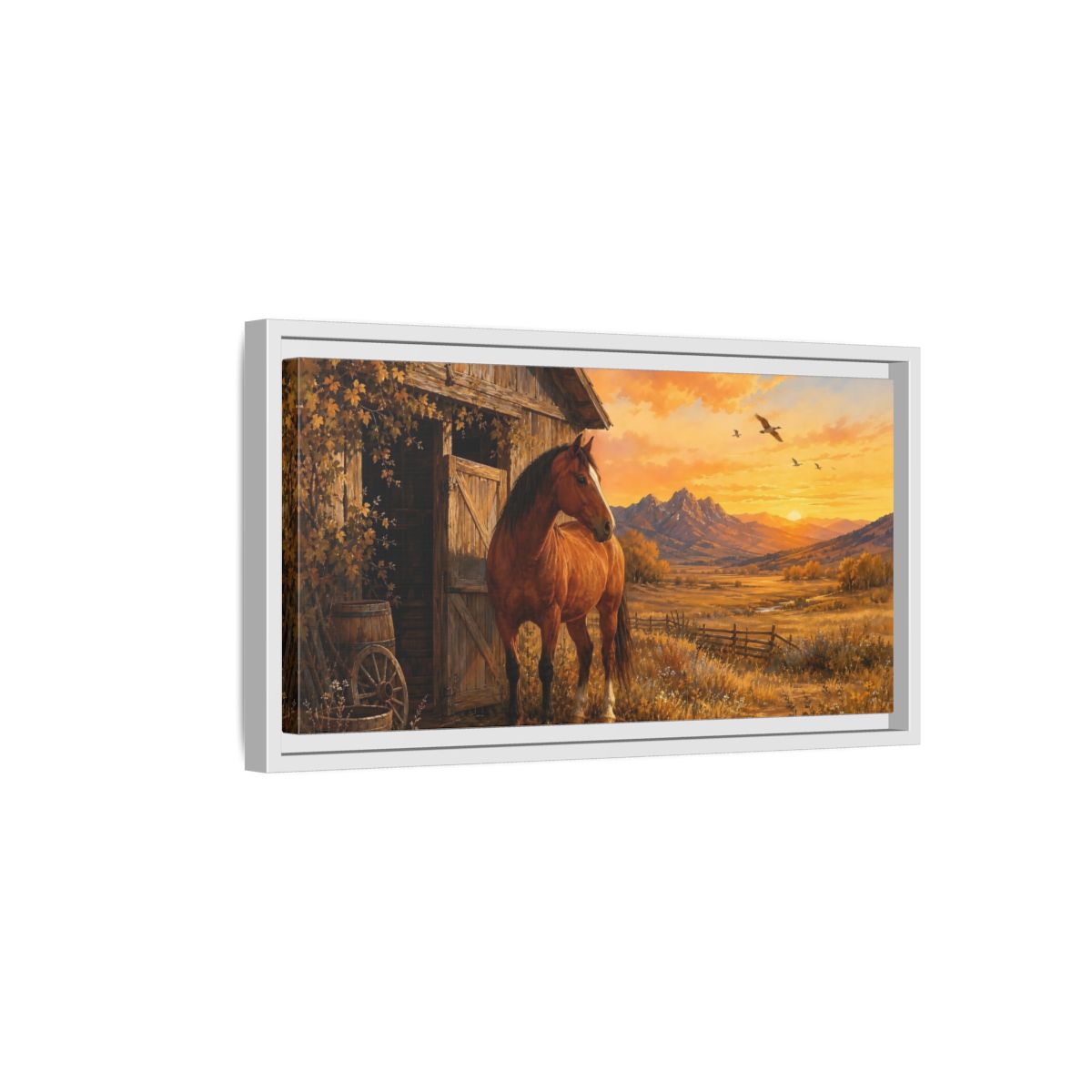 Side Mockup 6. Nature Horse Brown And Orange shown as stretched canvas wall art